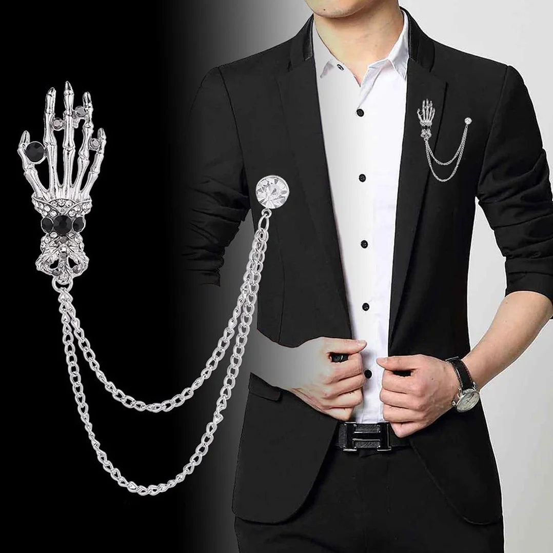 Broche de cadena, alfiler de cuello, broche con forma de mano de esqueleto, broche de Halloween para mujeres y hombres, para traje de negocios, esmoquin, camisa, corbata, sombrero y bufanda