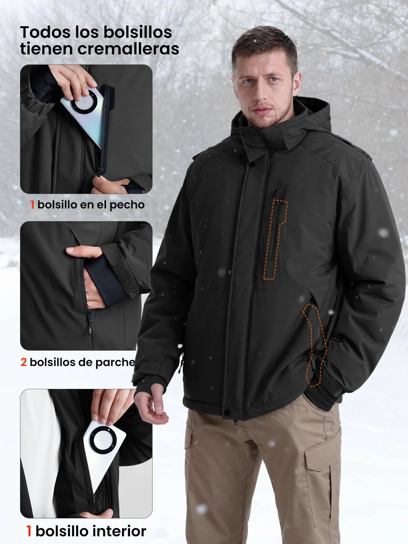 Chaqueta de invierno impermeable para hombre con forro polar y capucha extraíble