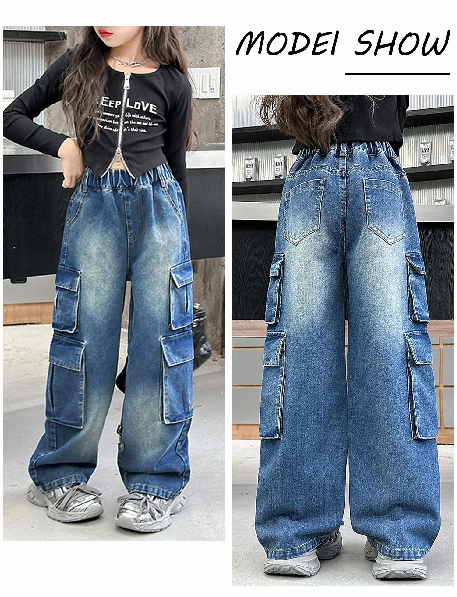 SEAUR Girls Baggy Denim Cargo Jogging Pants with Pockets