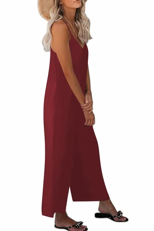 Haibang Peto Mujer Verano Sin Mangas Cuello en V Elegante Monos Pantalón Jumpsuit con Bolsillos