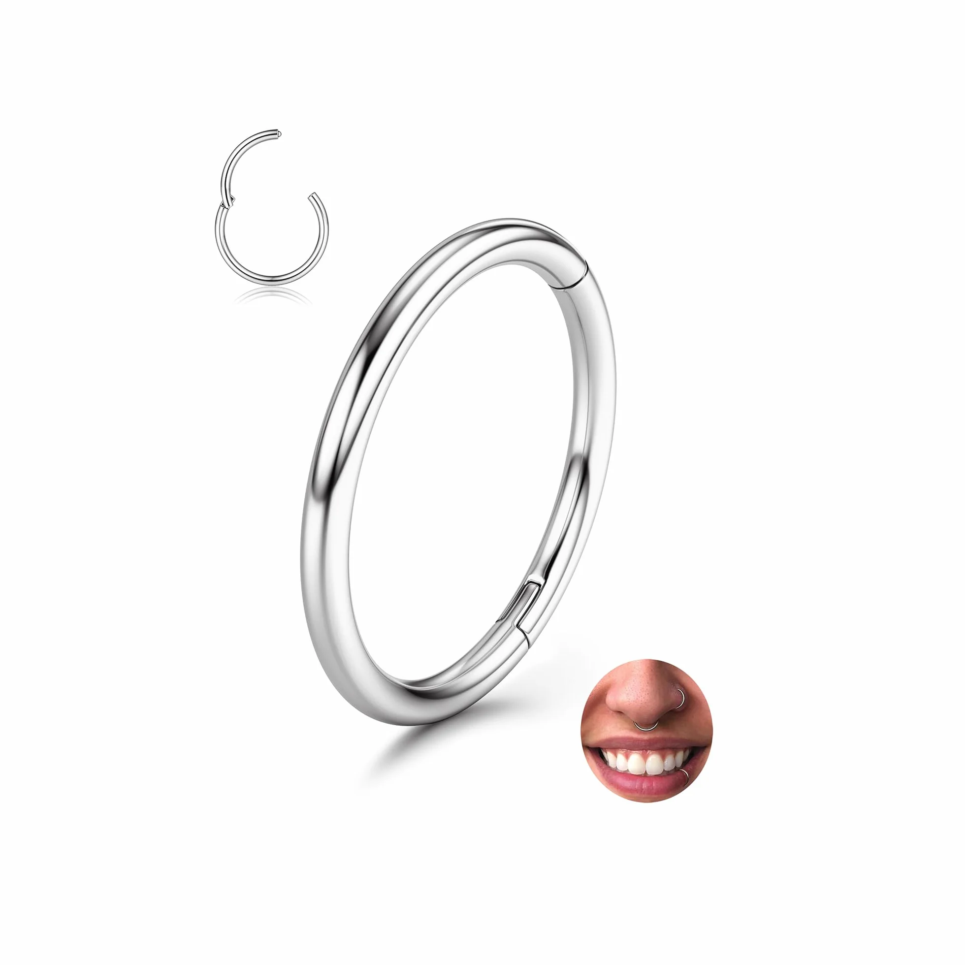 BodyBonita Piercing Nariz Aros con Bisagra 316L Acero Quirúrgico sin Costuras Septum Labio Cartílago Hélix Daith Caracola Trago Torre