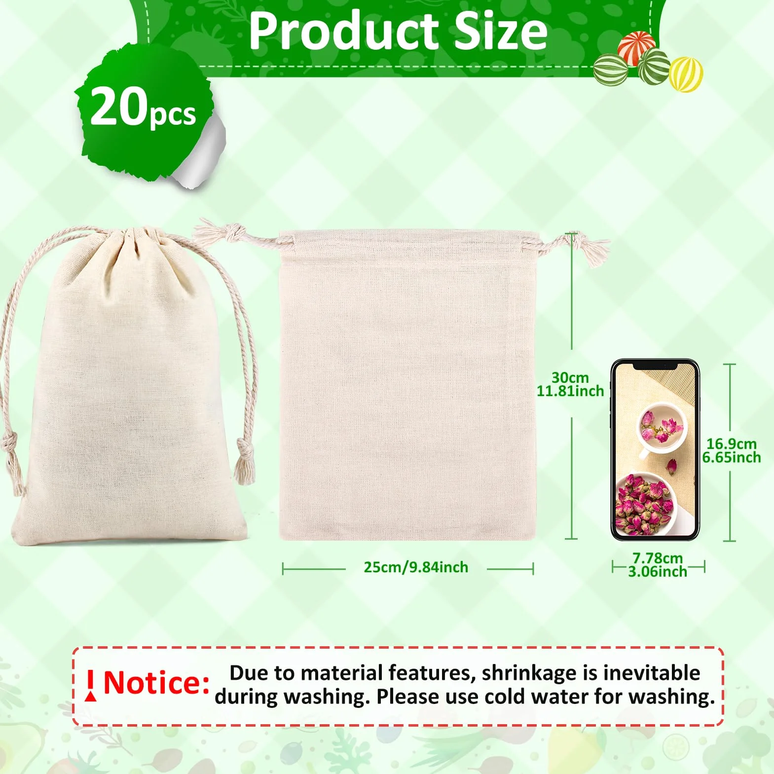 20 bolsas de algodón – 25 x 30 cm de algodón pequeñas bolsas con cordón para joyas, regalos y manualidades DlY