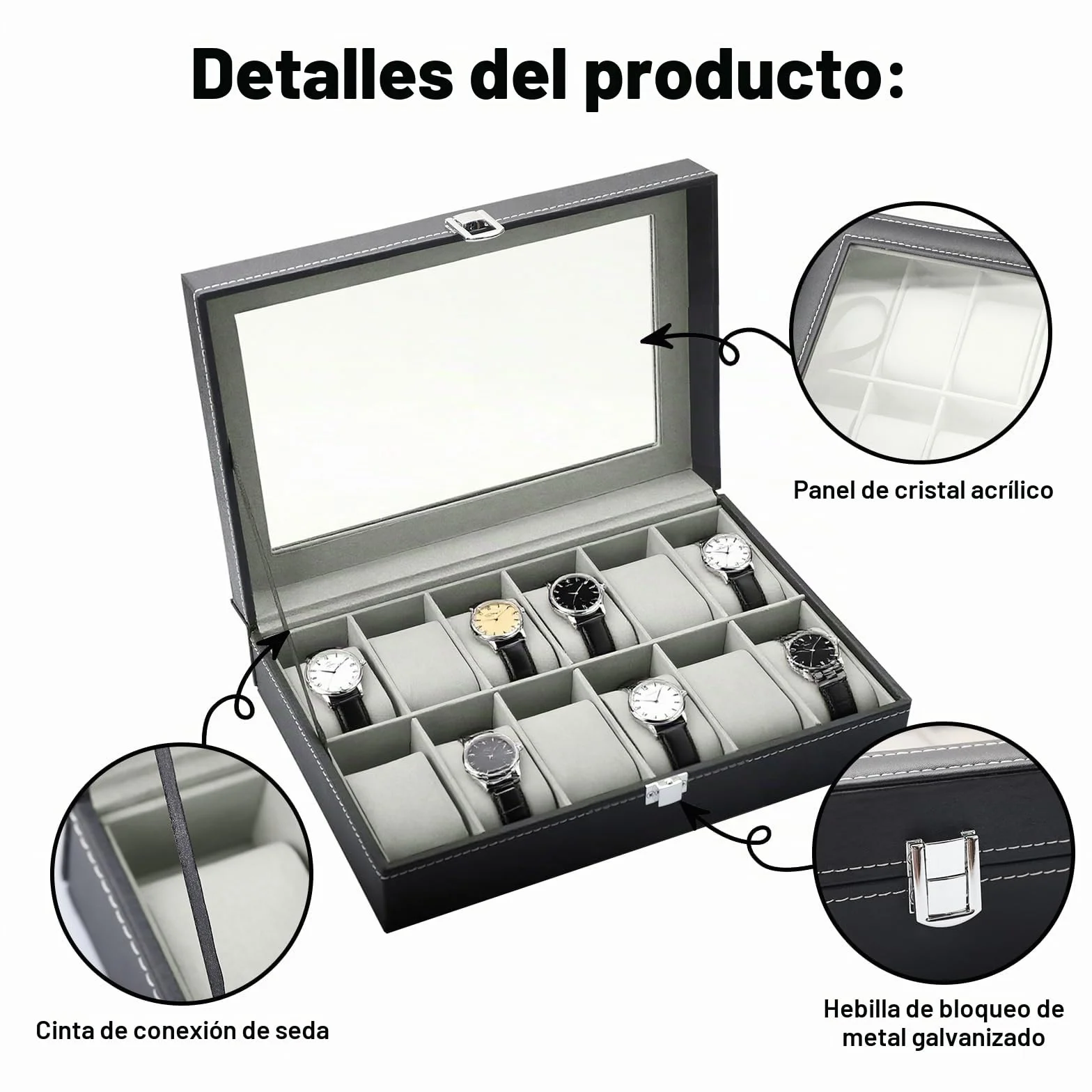 Caja de Relojes 12 Compartimentos, Estuche de Relojes de PU Cuero con Tapa de Acrílico y Cojines Extraíbles