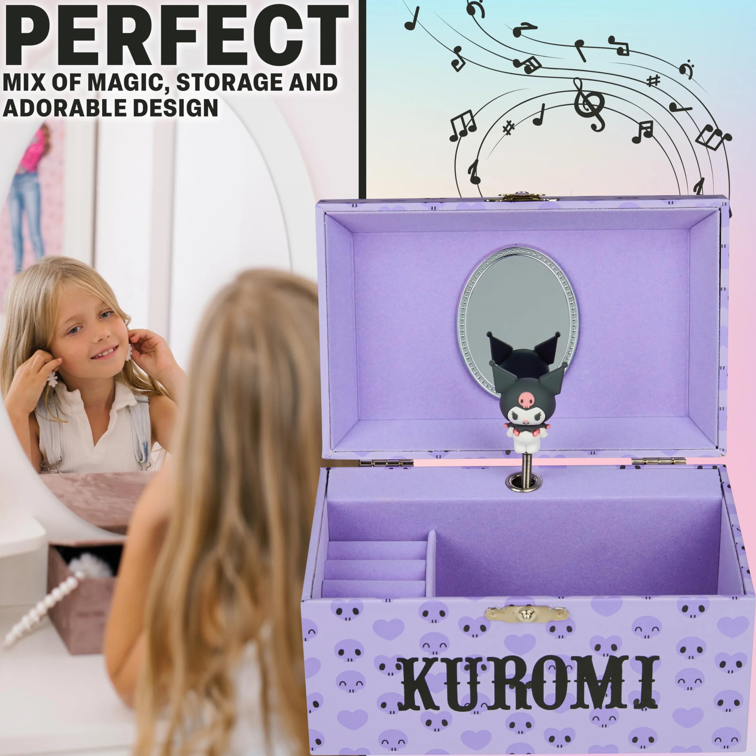 Hello Kitty Sanrio Kuromi Musical Joyero Caja Decorativa con Figura Giratoria Regalo Niña Morada