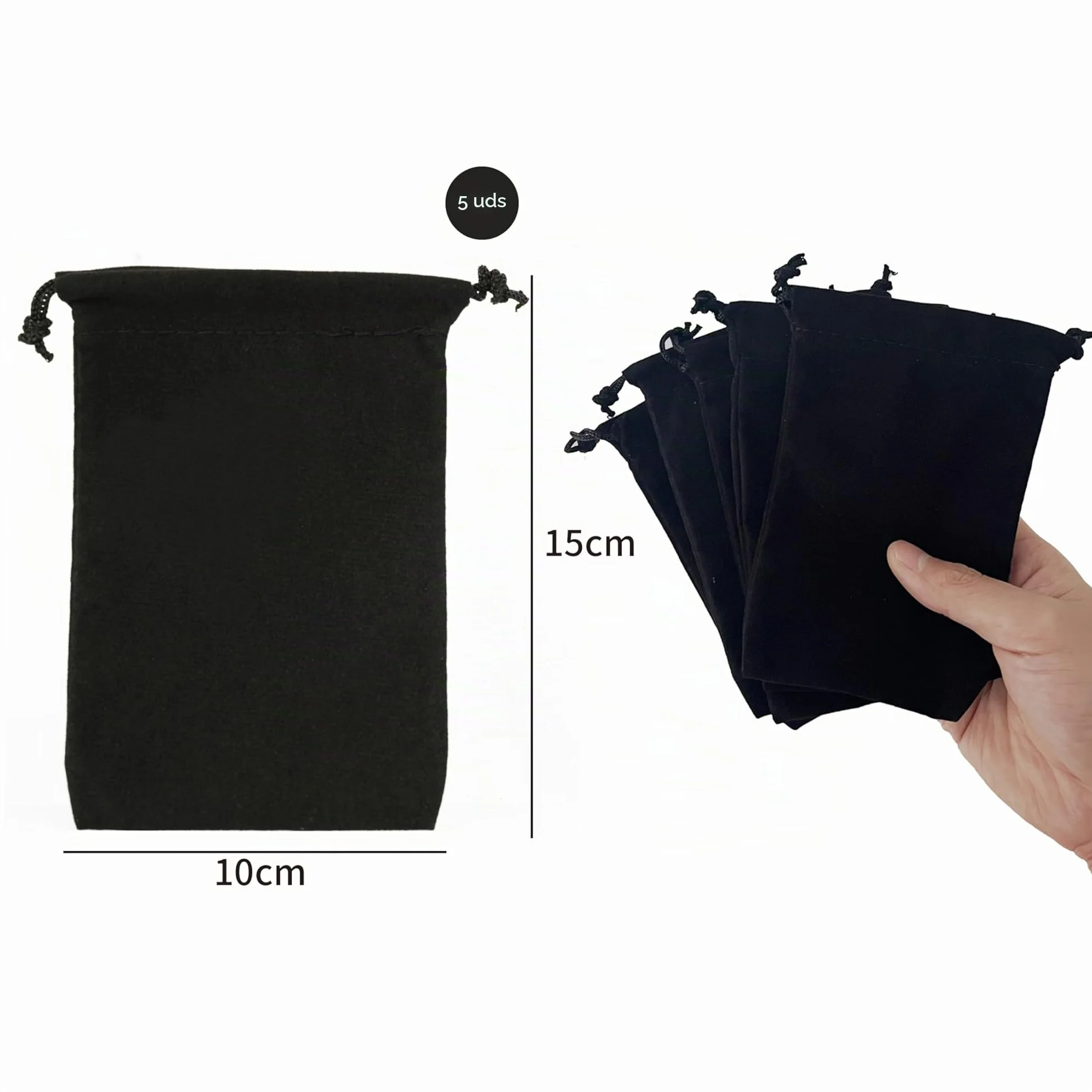 Pack de 5 Bolsas de Terciopelo Negro con Cordón, 10 x 15 cm - Ideal para Joyería, Dulces, Regalos de Boda, Tapones para los Oídos y Llaveros - Bolsitas Multiusos Elegantes y Prácticas