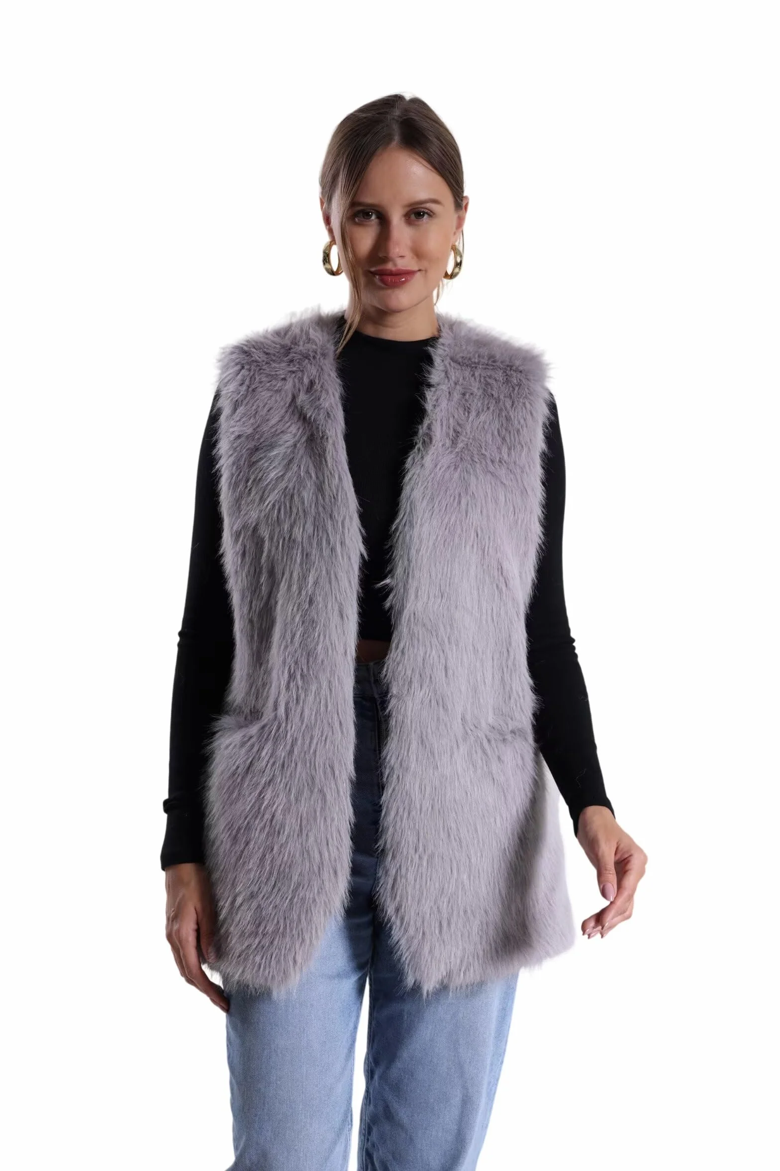 Chaleco de piel sintética de conejo para mujer, abrigo de invierno con cuello en V, sin mangas, mullido, cálido, chaleco de piel sintética con bolsillos