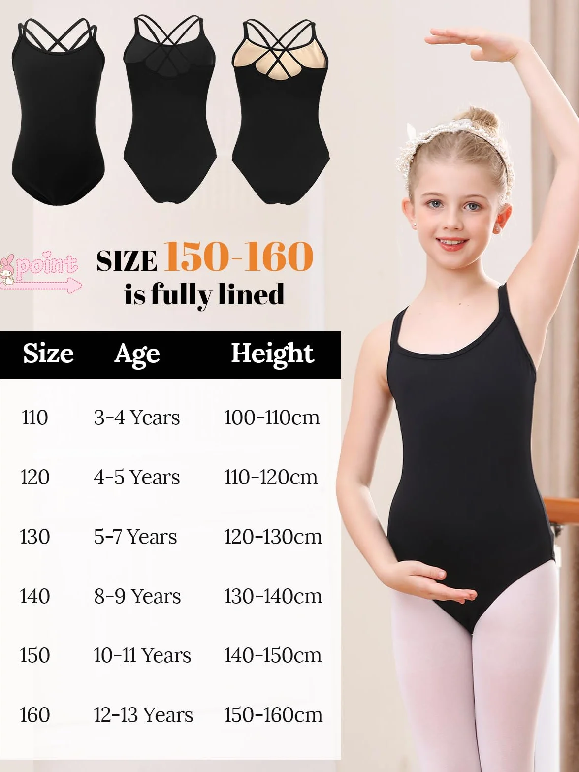 Leotardo Negro Ballet para Niñas 3-13 Años Ropa de Baile Gimnasia