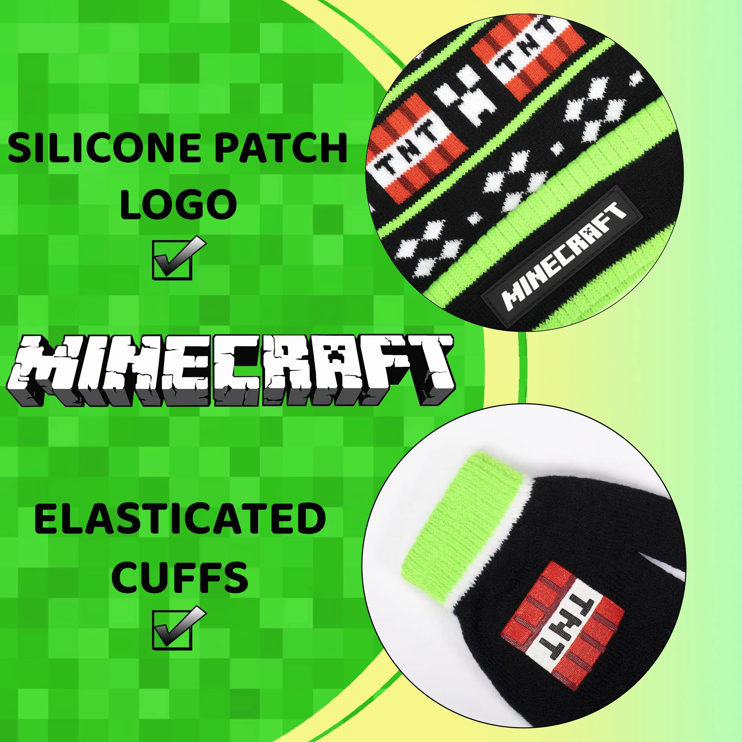 Minecraft Gorro y Guantes de Lana Negros para Niños - Diseño de Píxeles - Talla Única 6-12 Años - Mercancía Oficial