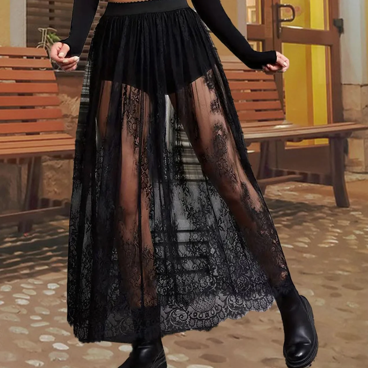 Falda Larga Semitransparente Encaje Mujer, Sexy 2 en 1, Malla Transparente, Cintura elástica línea A, Maxifalda Tul Debajo Pantalones Cortos, Ropa Festivales Salir, Negra, Tallas S