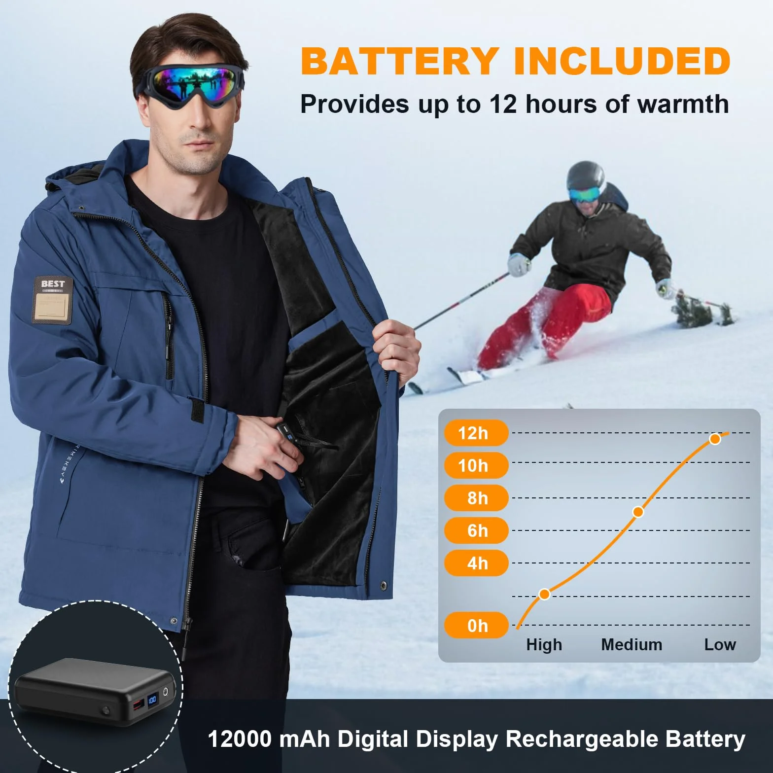 Chaqueta Calefactable Hombre con Batería 7,4V 12000mAh, 6 Zonas de Calor, Impermeable Antiviento para Ski Senderismo Camping