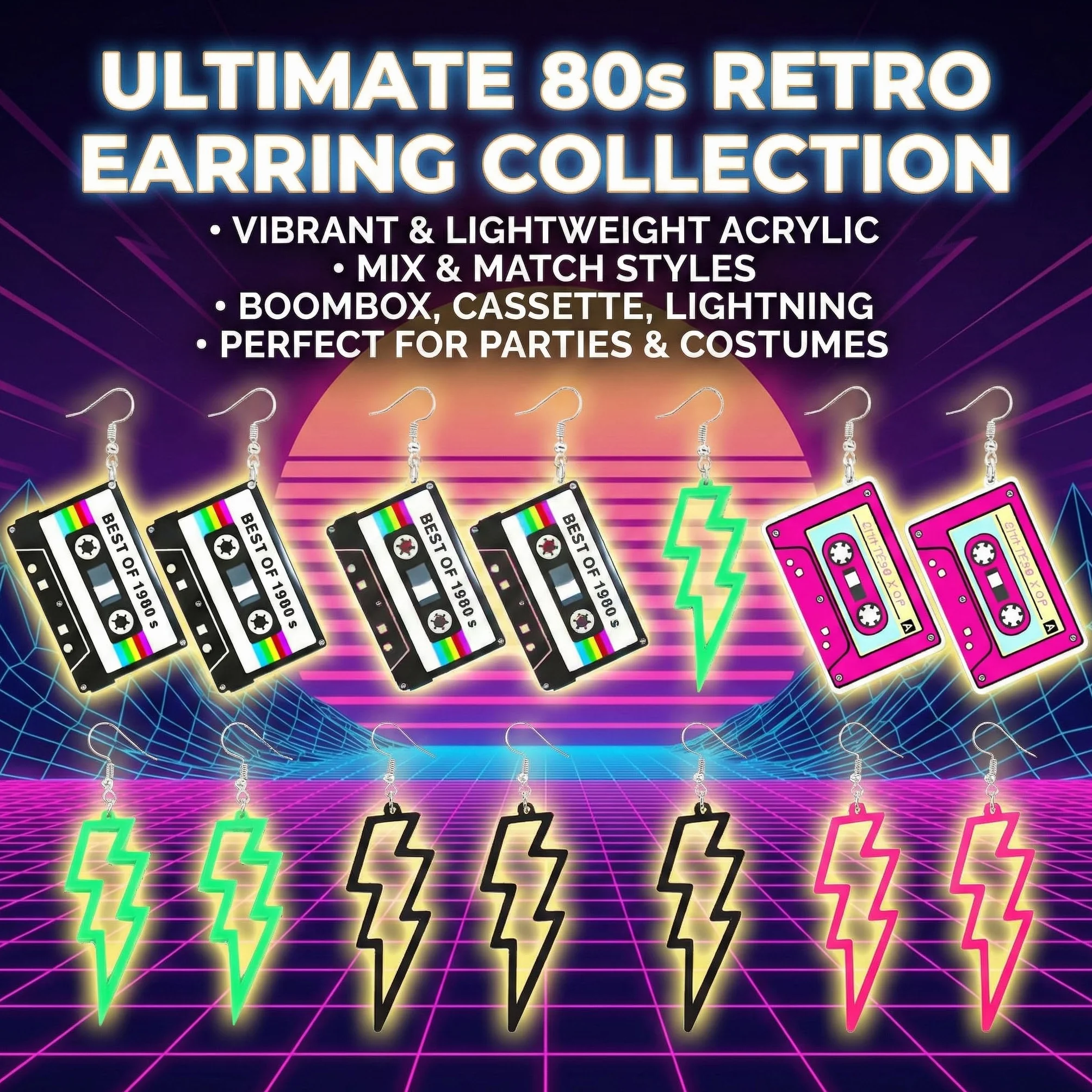 Pendientes de Neón Años 80 Retro Cintas de Casete 6 Pares Mujer