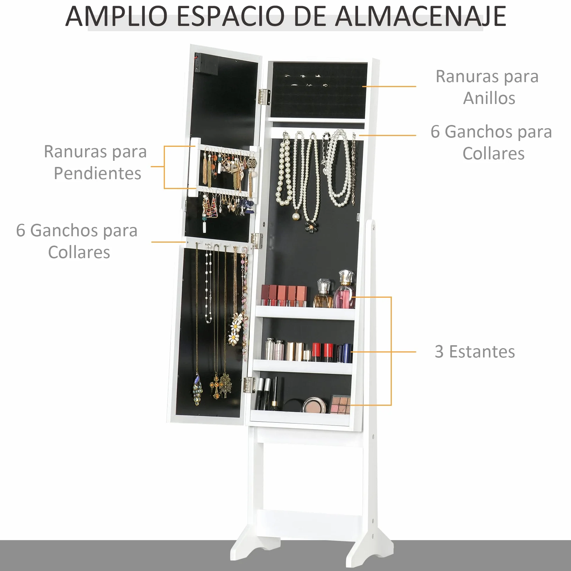 HOMCOM Espejo Joyero con Luces LED, Armario para Joyas, de Pie, Espejo Entero, Ángulo Ajustable, Blanco Cálido