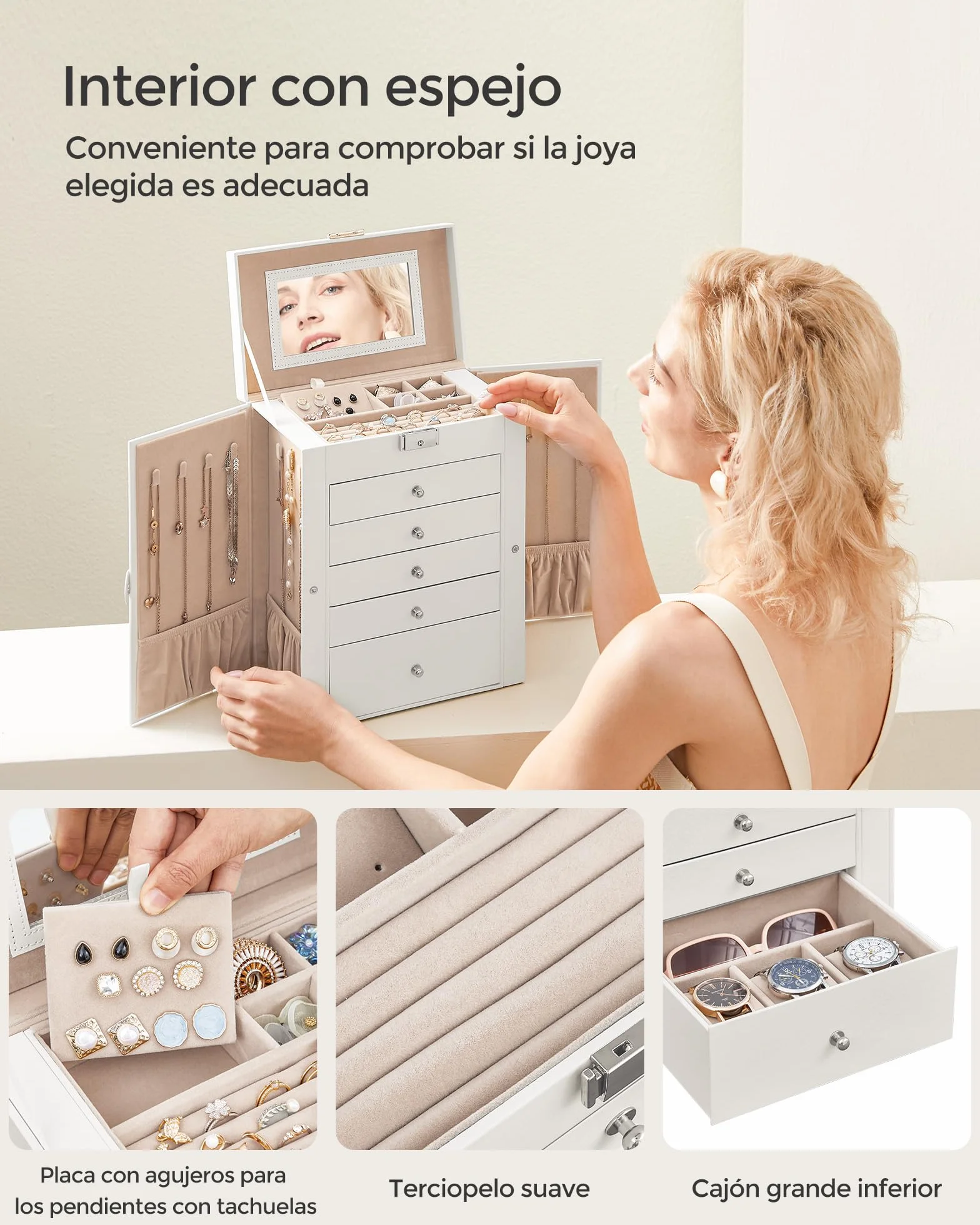 SONGMICS Caja Joyero de 6 Niveles, 5 Cajones, con Espejo y Cerradura, Blanco JBC152W01