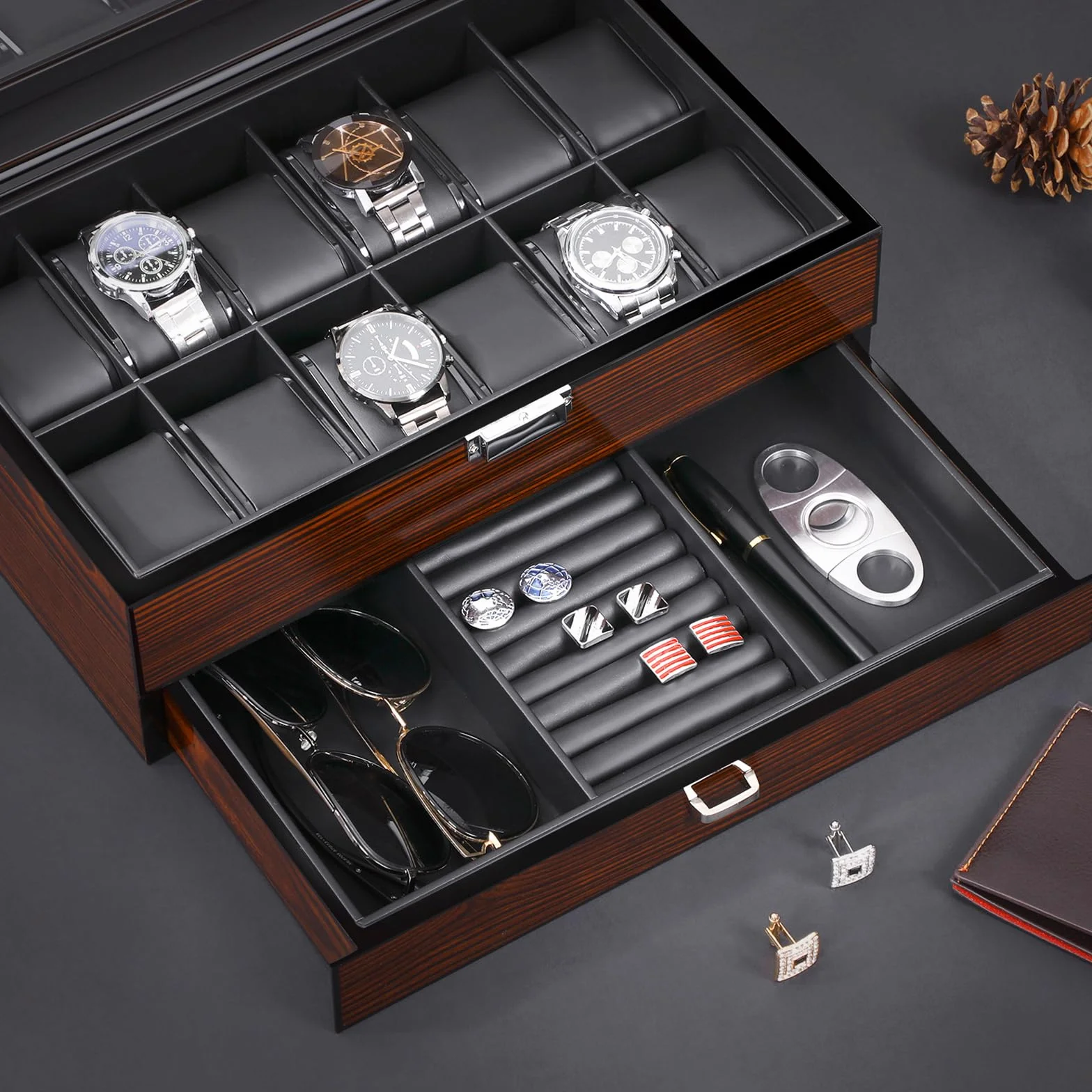 BEWISHOME Caja para 12 relojes de lujo con tapa de cristal y bisagra de metal, marrón