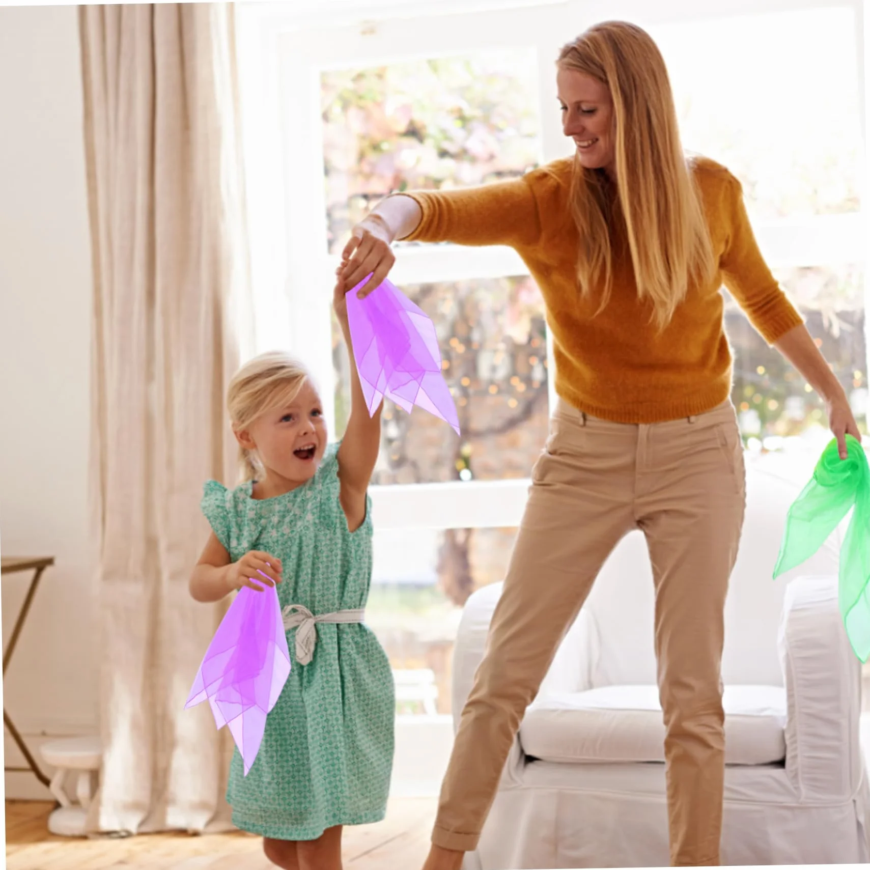 Pañuelos de seda coloridos suaves lavables juguete sensorial cuadrado para niños bufanda