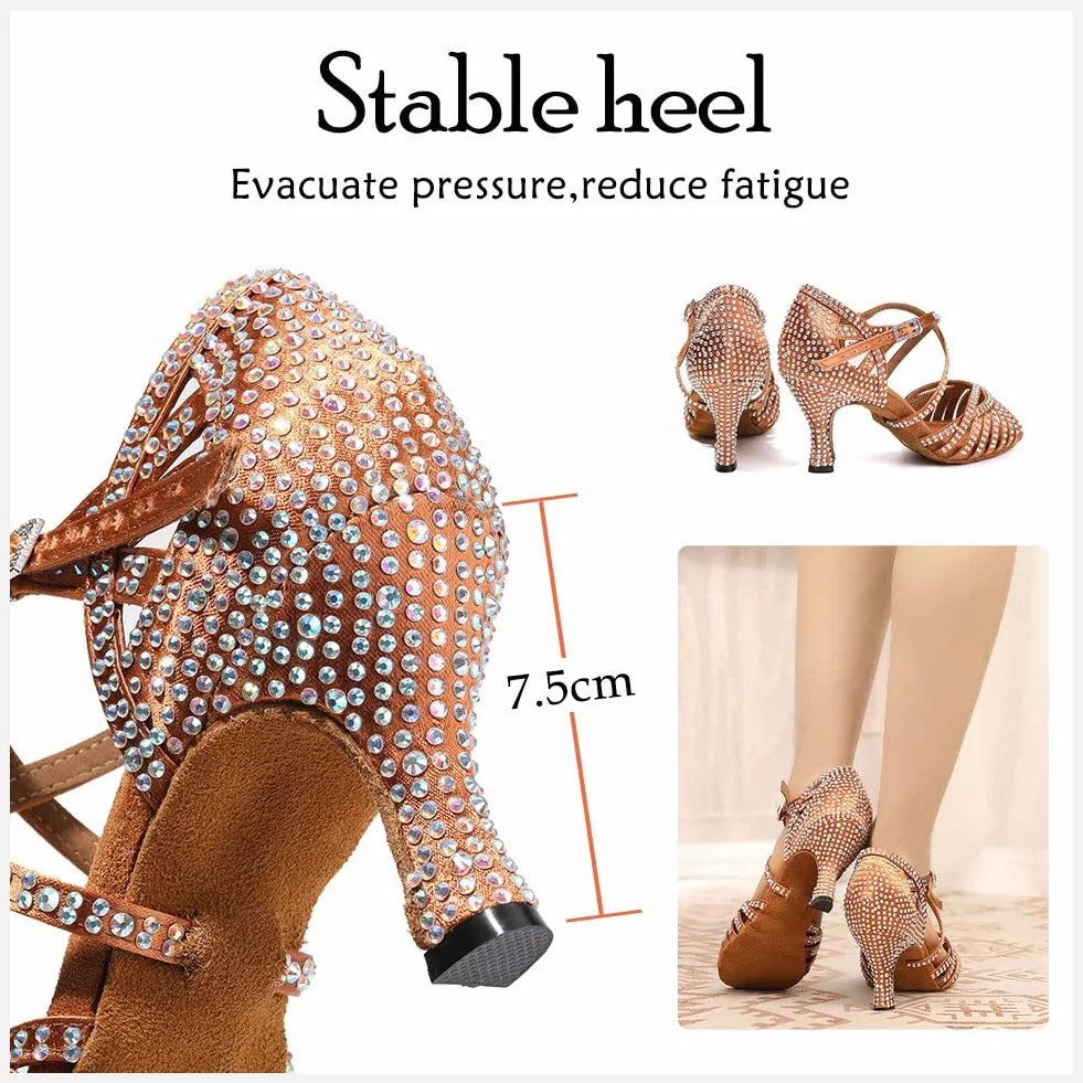 HIPPOSEUS Zapatos de Baile Latino para Mujer con Pedrería Moderna Salsa y Bachata L380