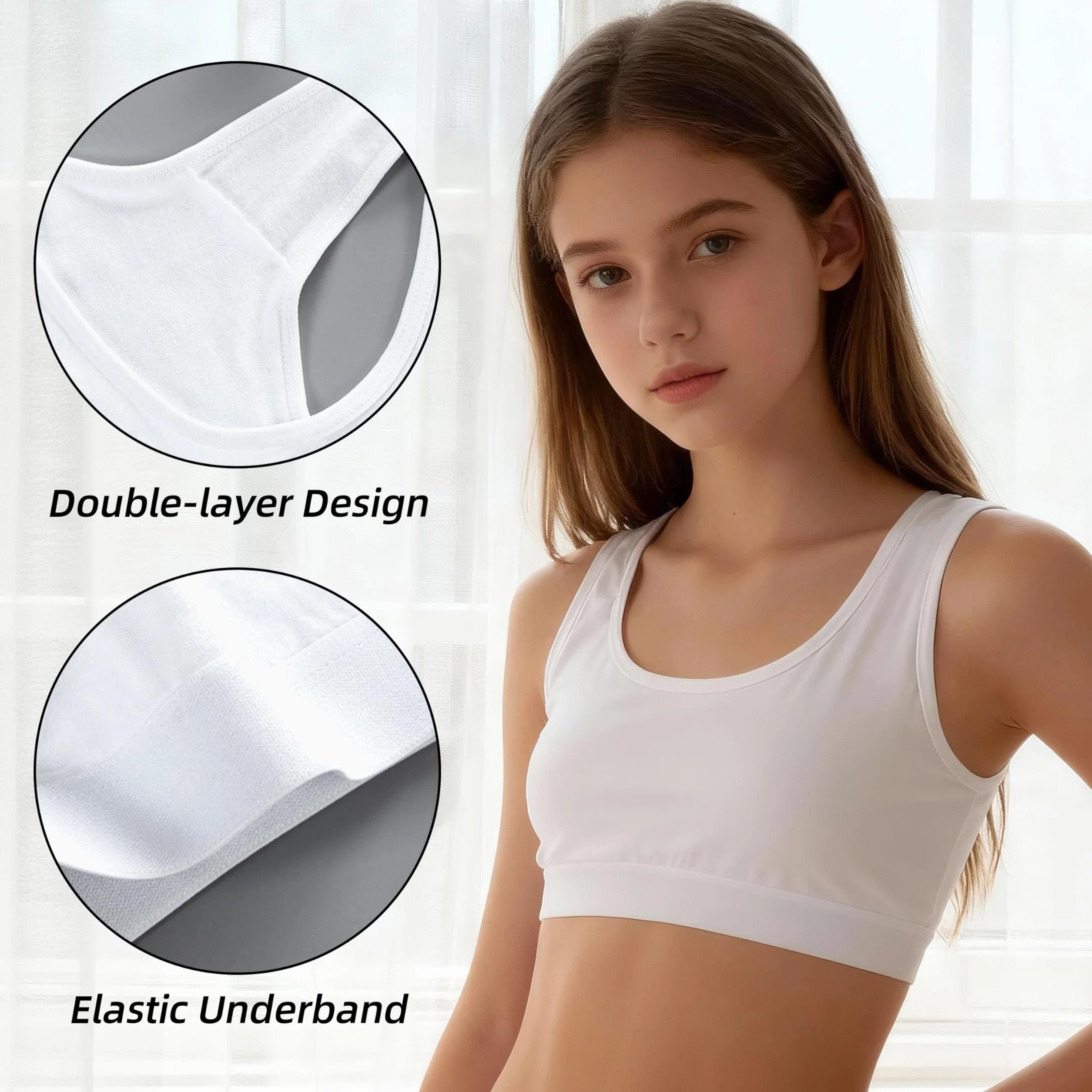Pack de 4 Sujetadores Deportivos para Niñas, Bralette Suave de Algodón-Spandex Sin Aro, para Adolescentes de 8 a 14 Años