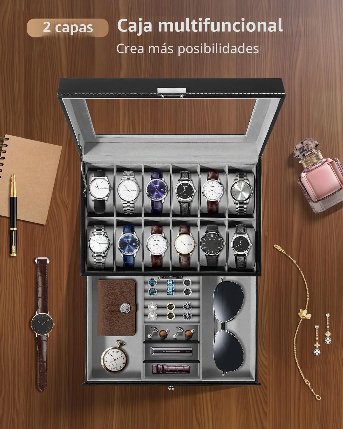 Uten Caja de 12 Relojes, Doble Capa, Estuche de Exhibición para Colección de Joyas