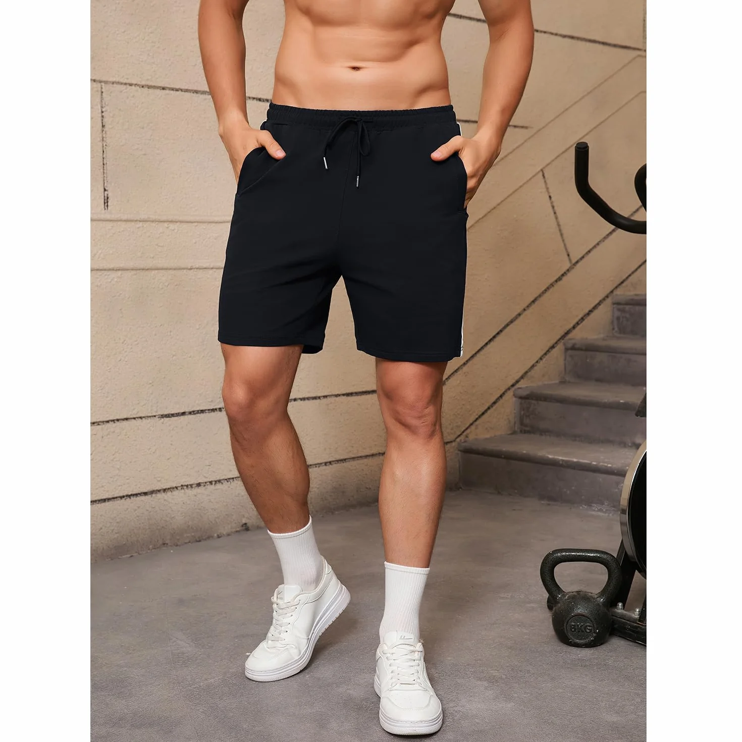 Pantalones Cortos Hombre Algodón Bermuda Transpirable Elásticos Deportivo para Correr Yoga con Bolsillos
