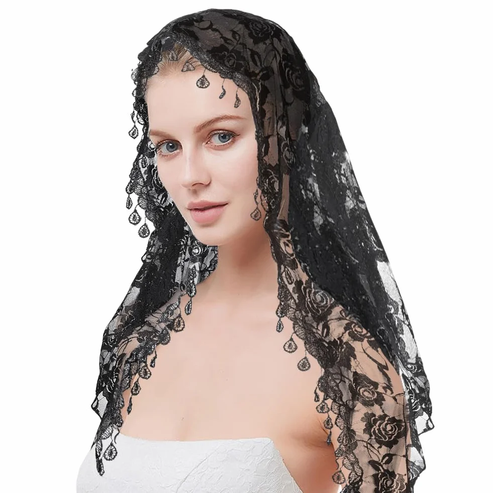 2 Velo Triangular de Encaje de Poliéster con Flores, Diade de Encaje, Chal, Bufanda Latina, Diade de Rosas Negras, Mantilla, Cátedra, Velo de Capilla para Mujeres, Da de Honor de Bodas