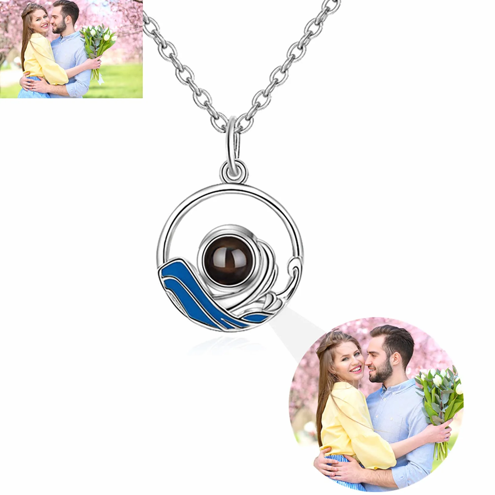 Collar de montaña con foto personalizada colgante de ola oceánica joyería de pareja