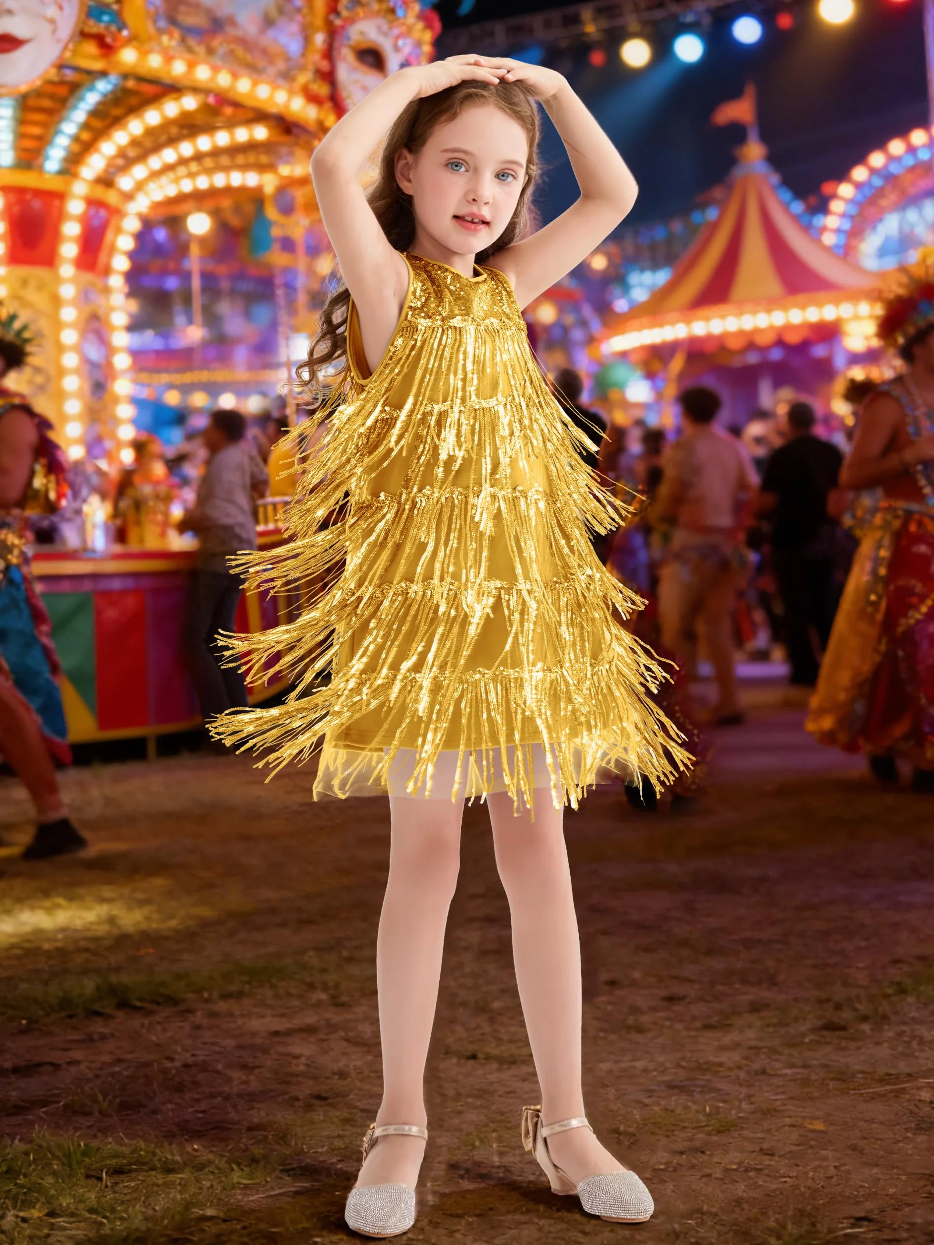Vestido con Lentejuelas y Borlas para Niñas, Brillantes Carnaval Vestido con Pailletas Sin Mangas Vintage 20's Flapper de Fiesta