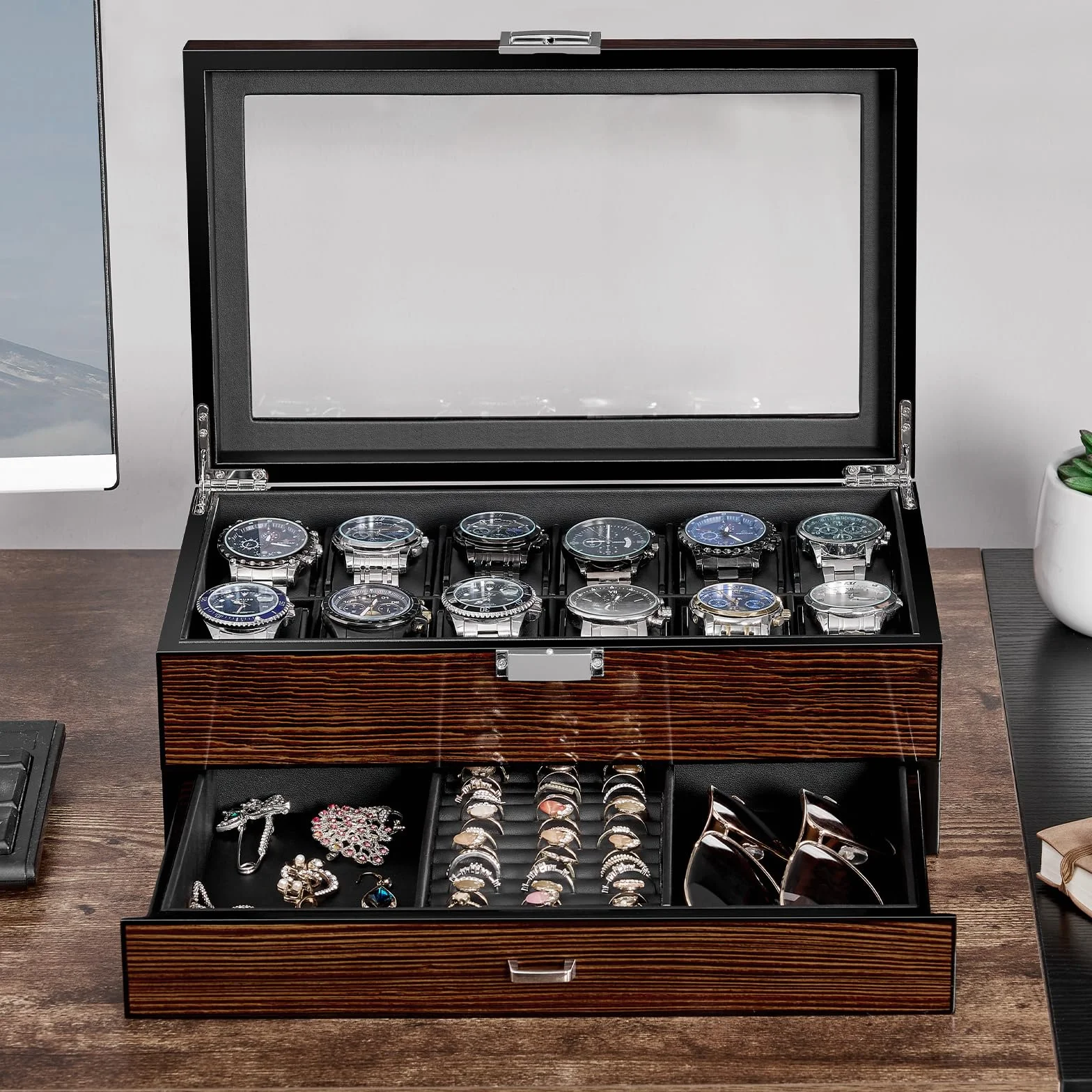 BEWISHOME Caja para 12 relojes de lujo con tapa de cristal y bisagra de metal, marrón