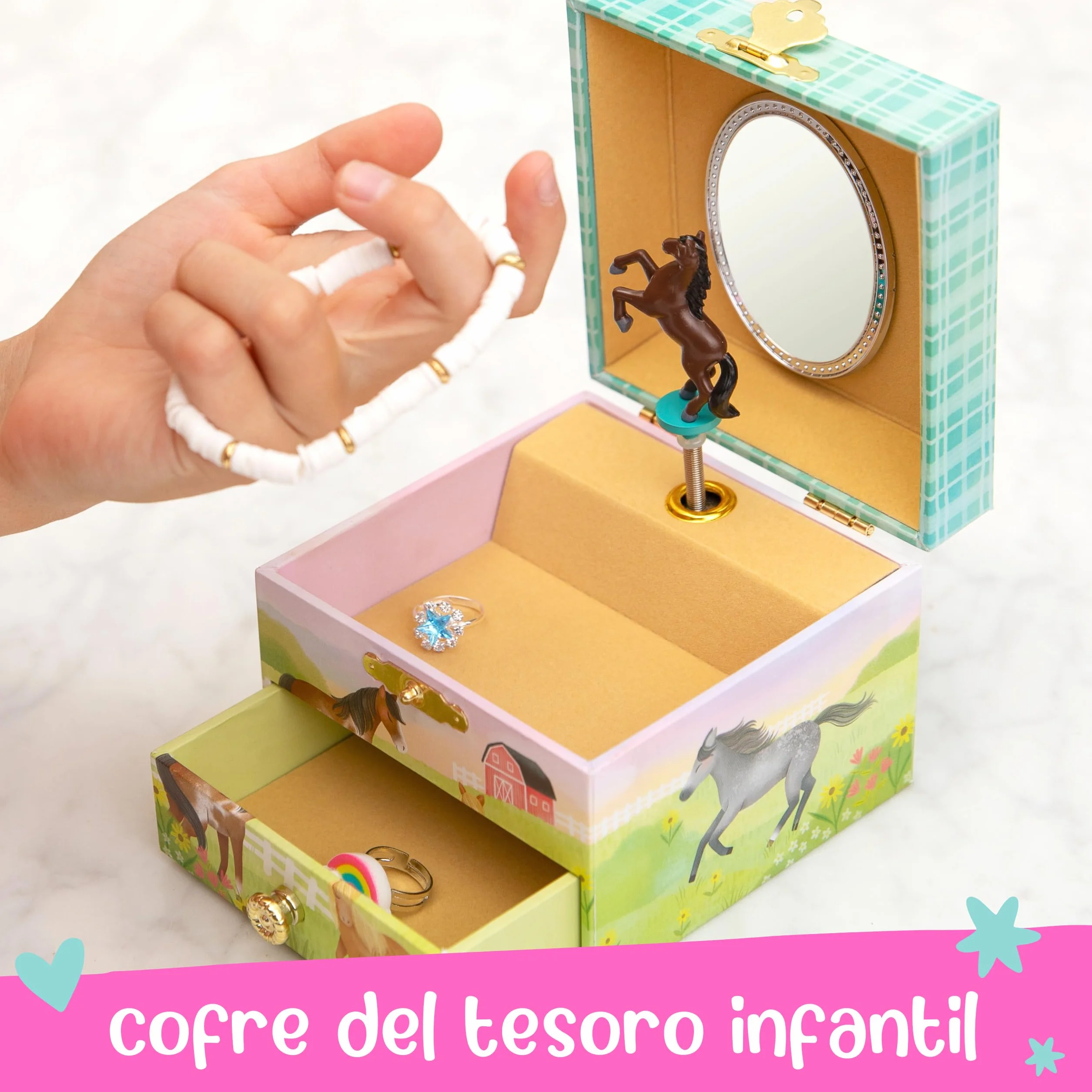 Giggle & Honey Joyero Musical para Niñas con Espejo y Cajón - Caja de Música Infantil Caballo