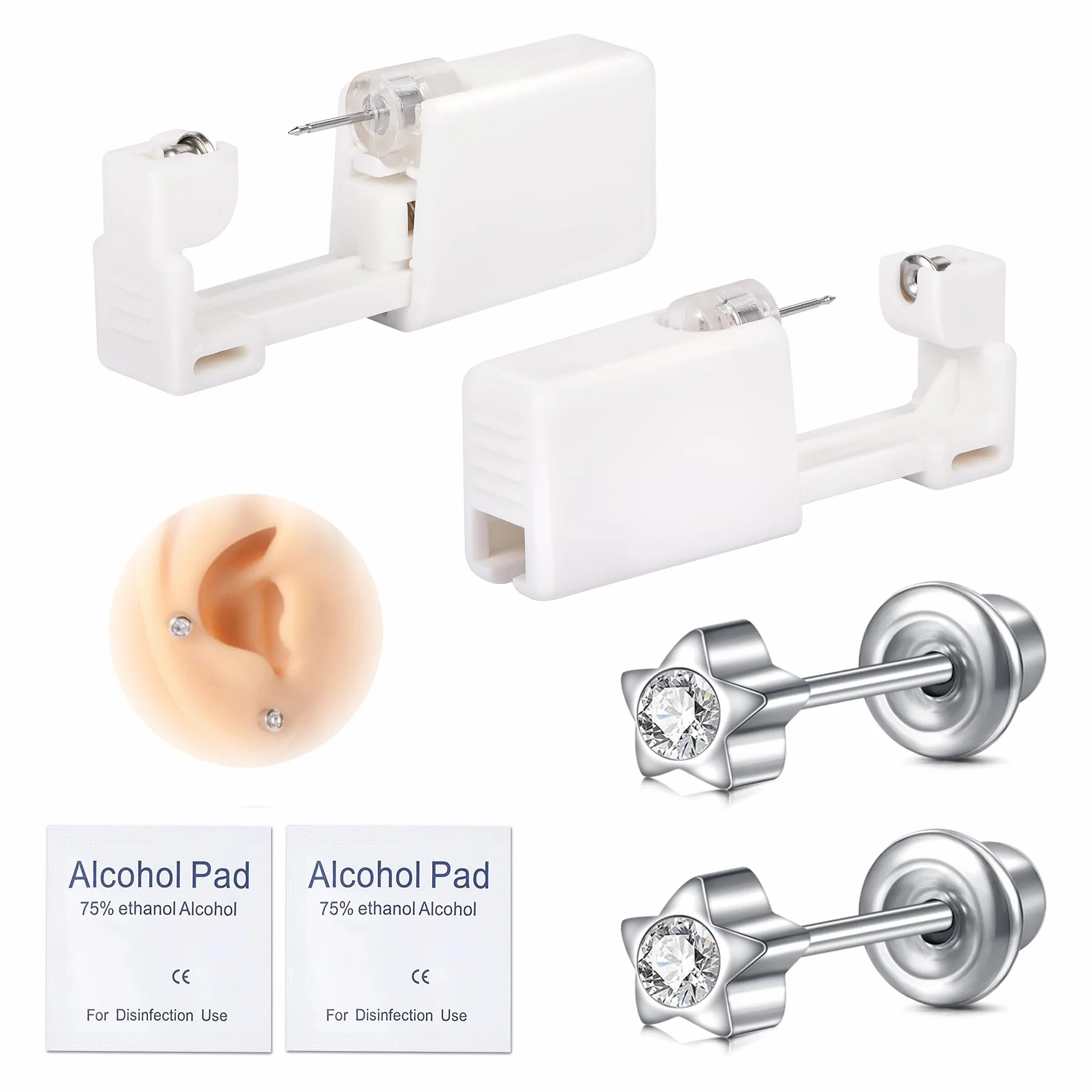 Kit Piercing d'Oreille Jetable Professionnel Acier Inoxydable 316L CZ Cartilage Tragus Hélix Conque