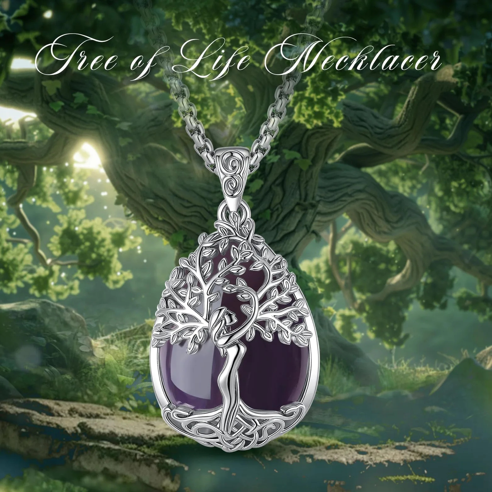 Collar Árbol de la vida con Obsidian Amatista Turquesa Malaquita Piedra de Luna para Mujer, Colgante de Cristal Curativo Joyería Original Regalo para Mujer Madre Mama, 20"+2"