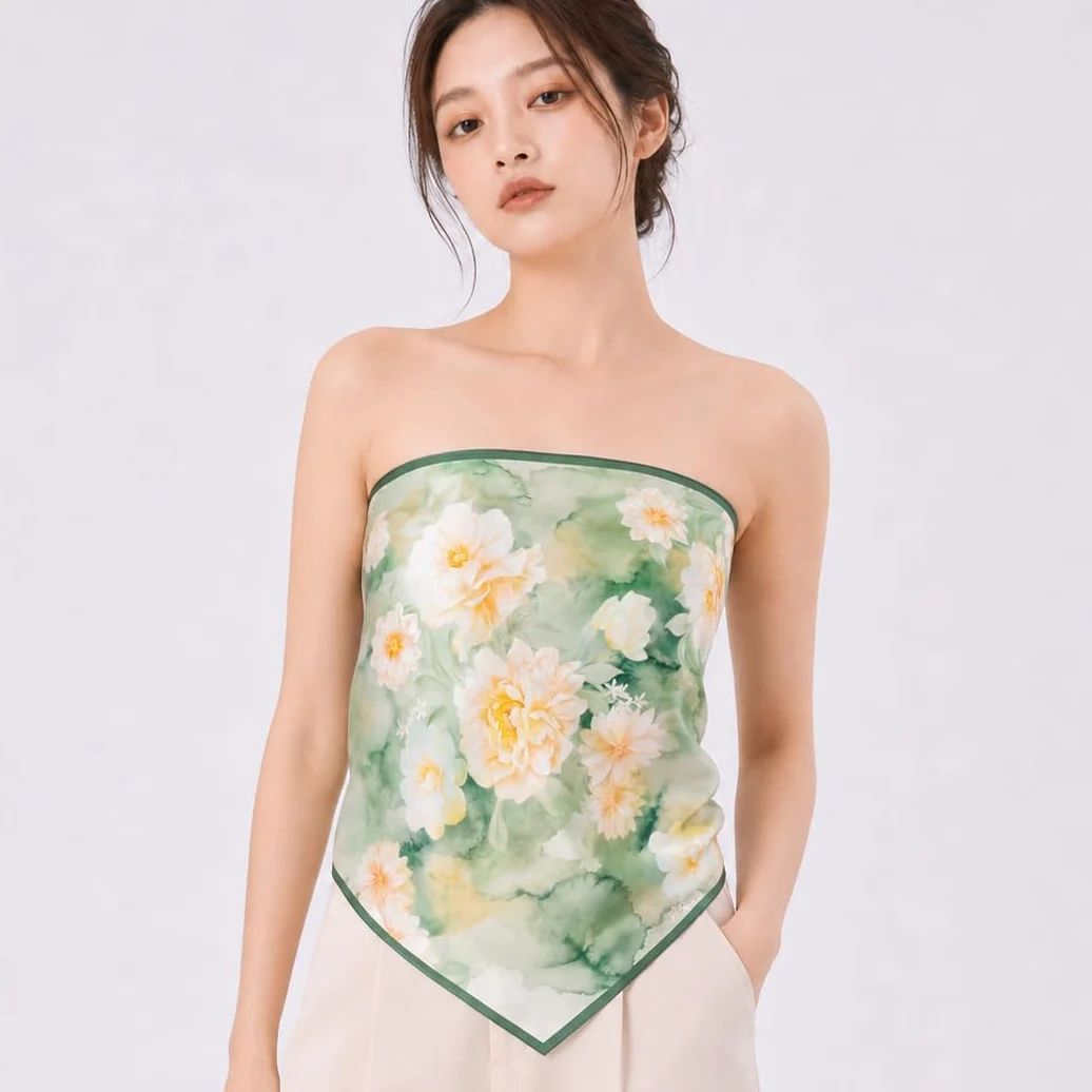 Pañuelo cuadrado mujer 100% seda de morera estampado, 88 x 88 cm | Pañuelo para pelo, cabeza y cuello, top bandeau, fajín y chal