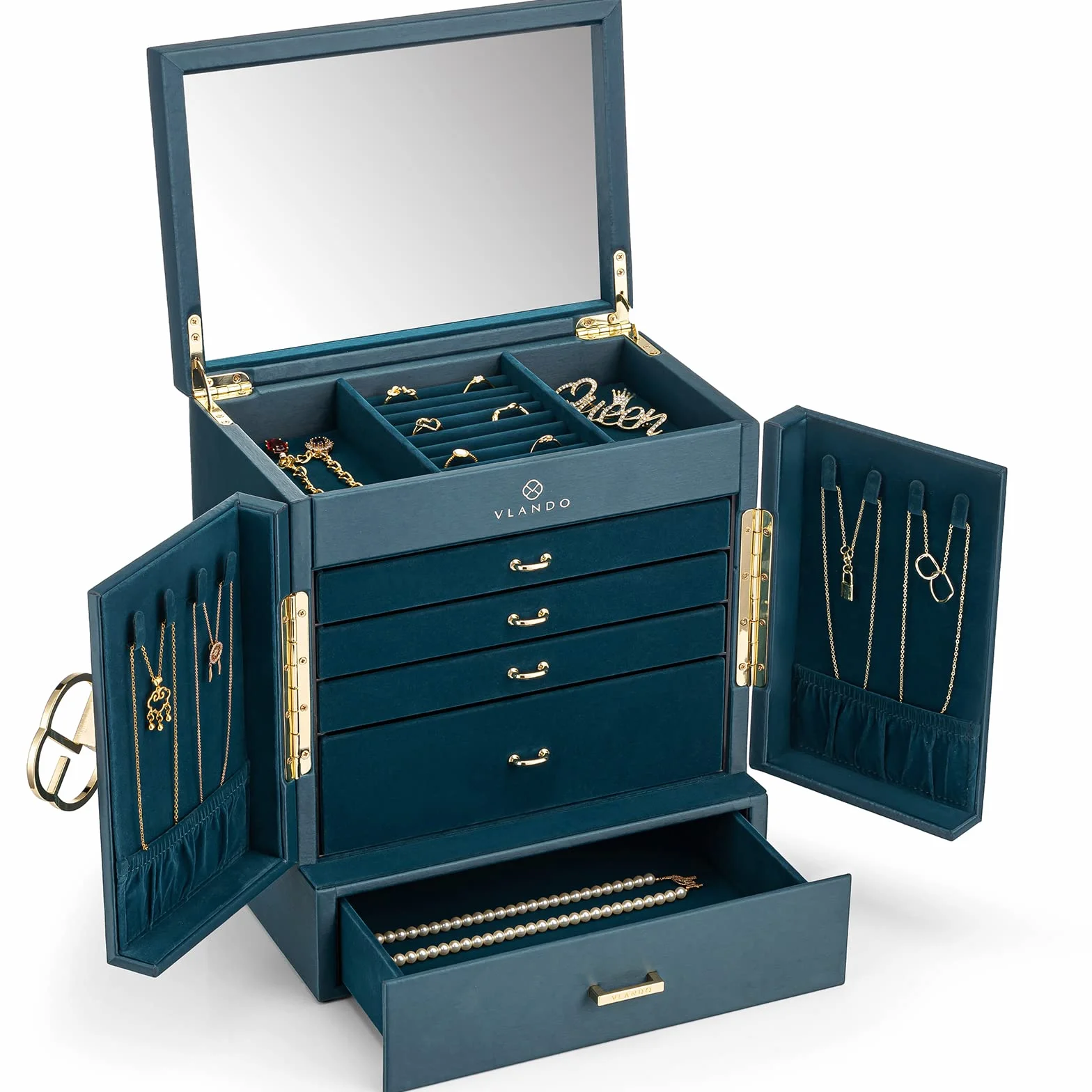 VLANDO Joyero grande vintage 6 niveles con espejo y cajones, organizador de joyas XXL para mujer