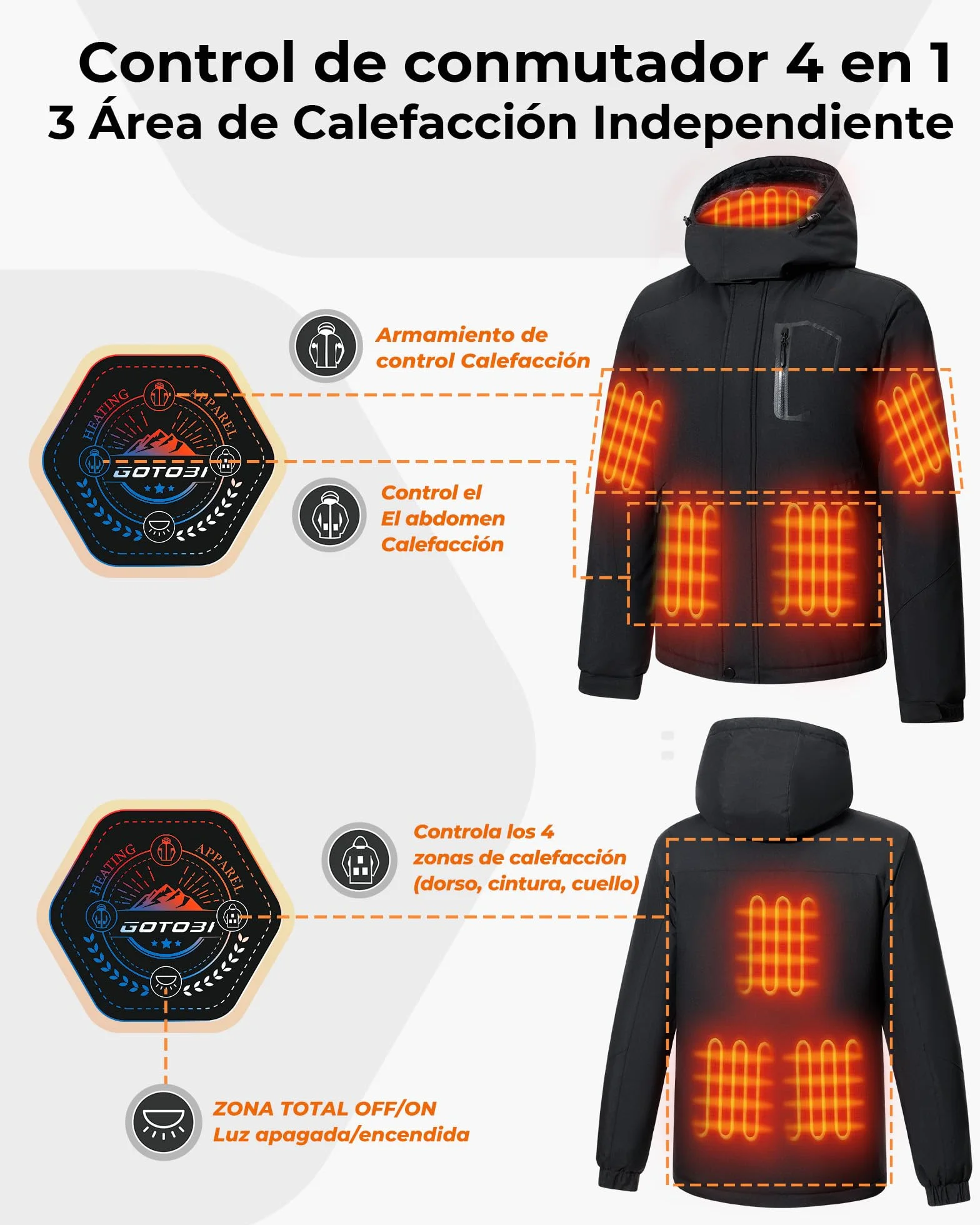 Chaqueta Calefactable Hombre 12V 18400mAh 8 Zonas Calentamiento 3 Niveles Temperatura Capucha Extraíble Negro XL