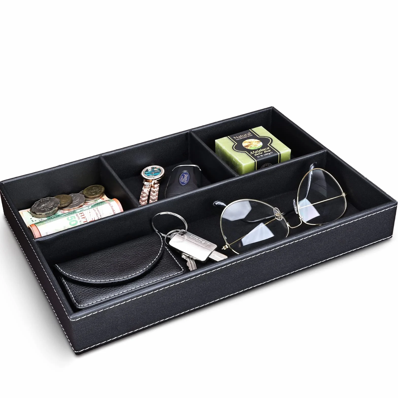 GORESE Bandeja de Valet Cuero, Bandeja Organizador de Escritorio Bandeja de Almacenamiento Aparador Organizador, Captura para Llaves, Teléfono, Billetera, Moneda, Joyería y Mesa de Noche(Negro)