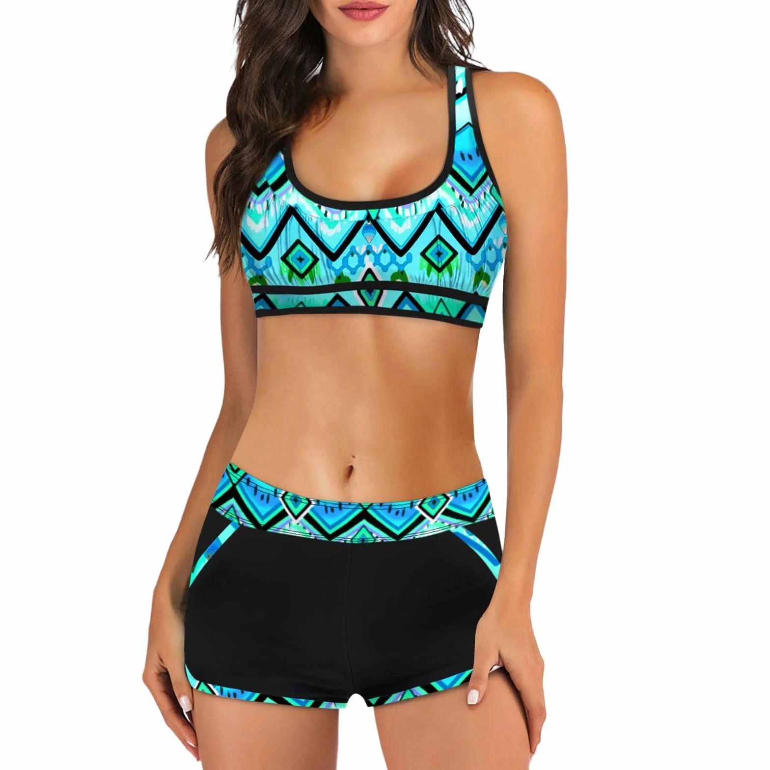 Conjuntos De Bikini para Mujer Bikinis Deportivo Push-up Acolchado Extraíble Cintura Alta Pantalones Cortos Dos Piezas Traje De Baño De Playa