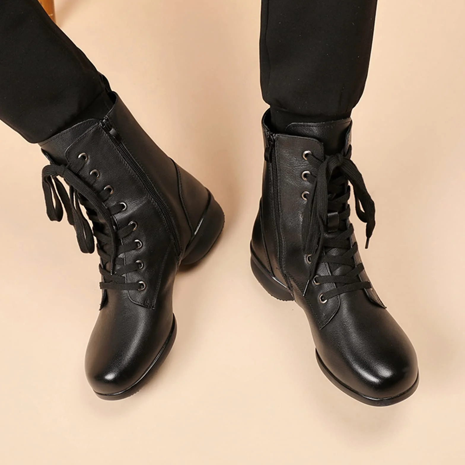 Botas de Baile Latino Moderno para Hombres con Suela Dividida Cuero Cremallera Lateral Tacón Bajo
