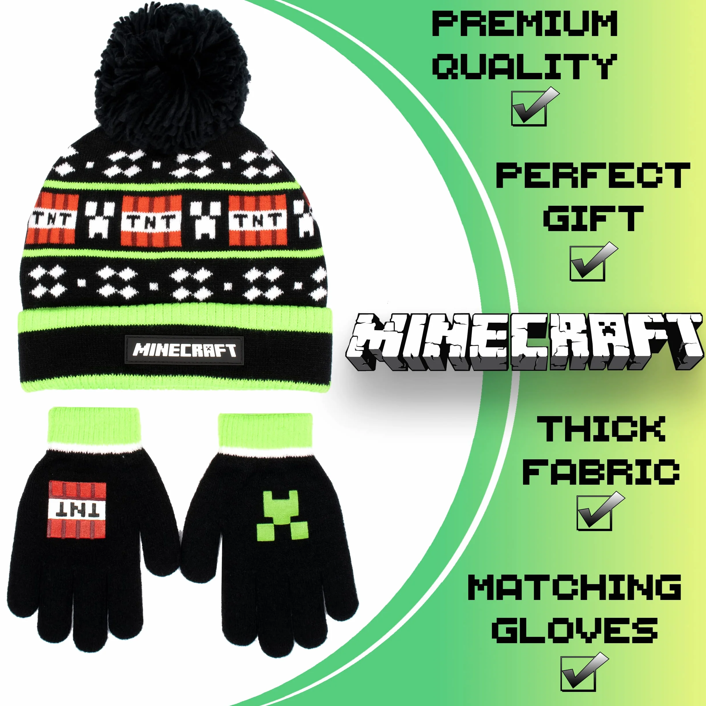 Minecraft Gorro y Guantes de Lana Negros para Niños - Diseño de Píxeles - Talla Única 6-12 Años - Mercancía Oficial