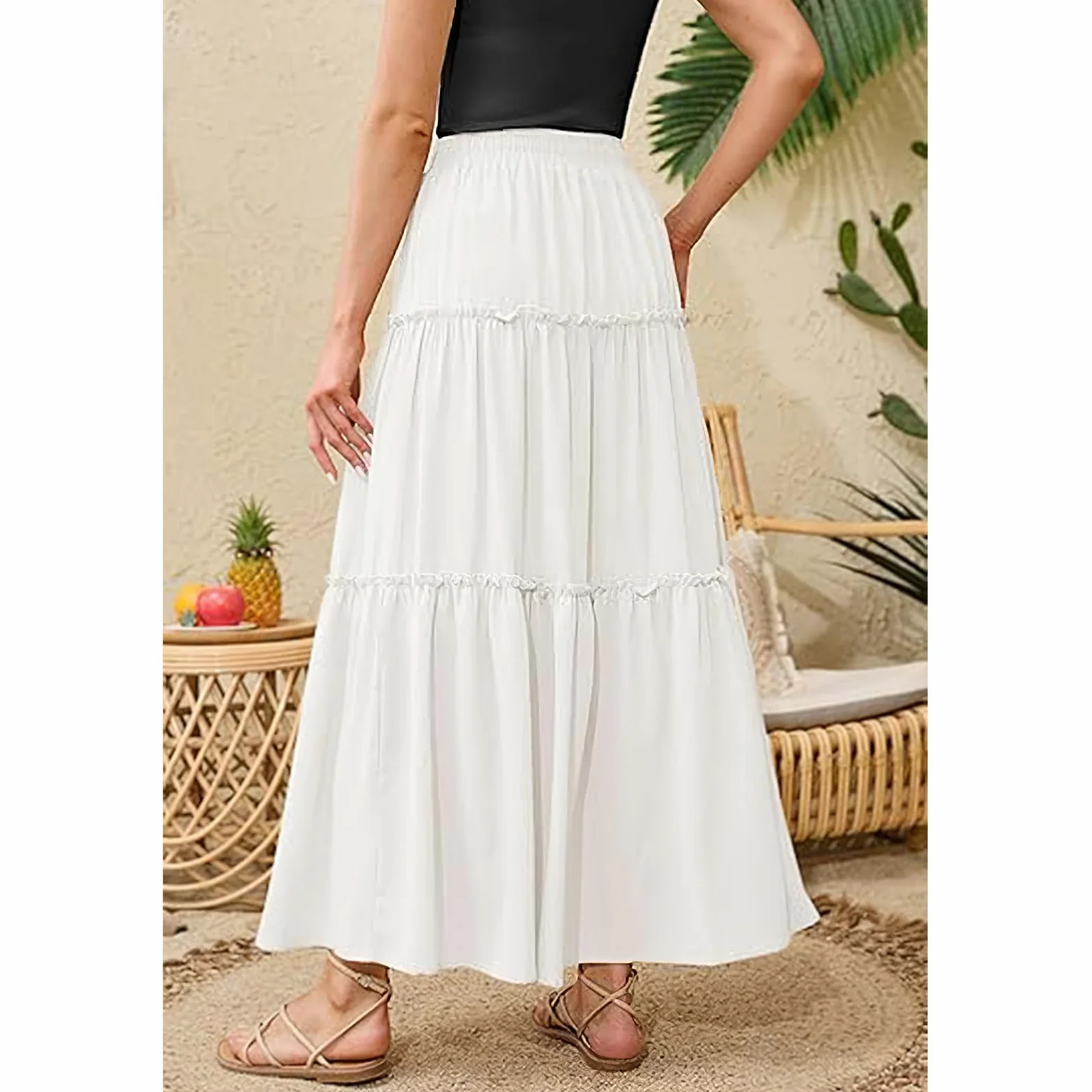 Falda Mujer Maxi Elástico de Cintura Alta Flowy Faldas Largas Casual