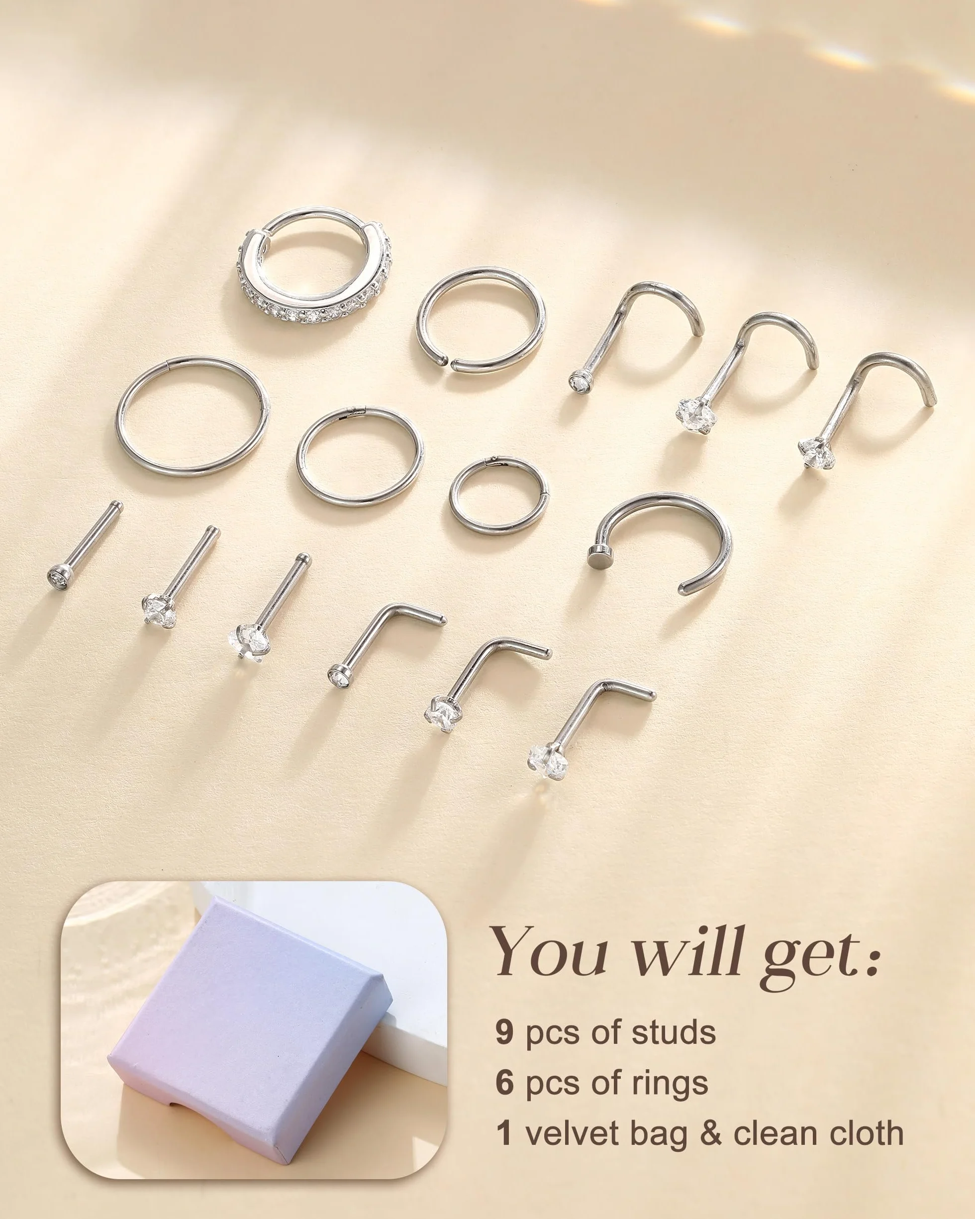 YADOCA 15 Piezas Piercing Nariz Acero Quirúrgico Hipoalergénico Anillos de Nariz Plata Oro Joyería Nostril