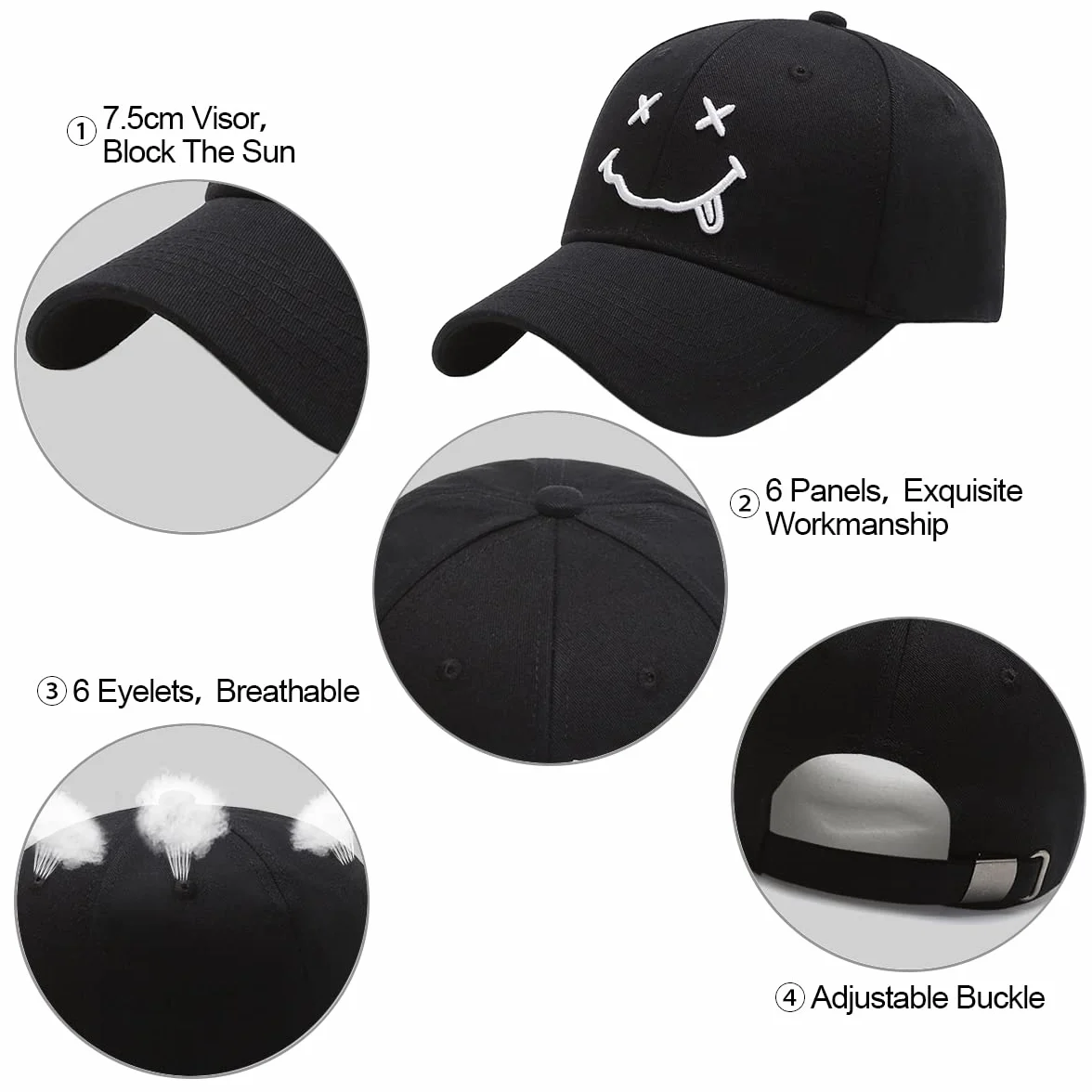 Gorra de béisbol para Hombre Unisex Algodón Ajustable de 6 Paneles 3D Carta Smiling Bordado