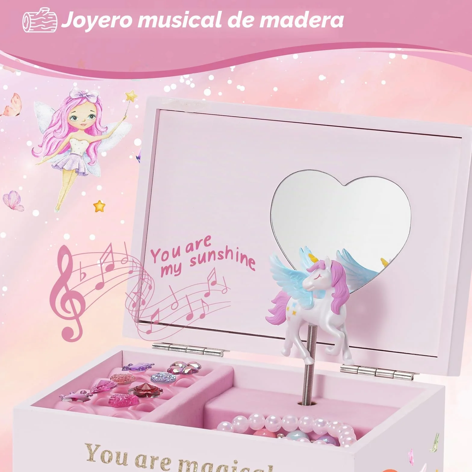 Lolalet Joyero de Madera para Niñas, Organizador de Joyería con Unicornio, Caja para Collar, Pendientes, Pulsera, Reloj, Pintalabios y Anillo - Rosa