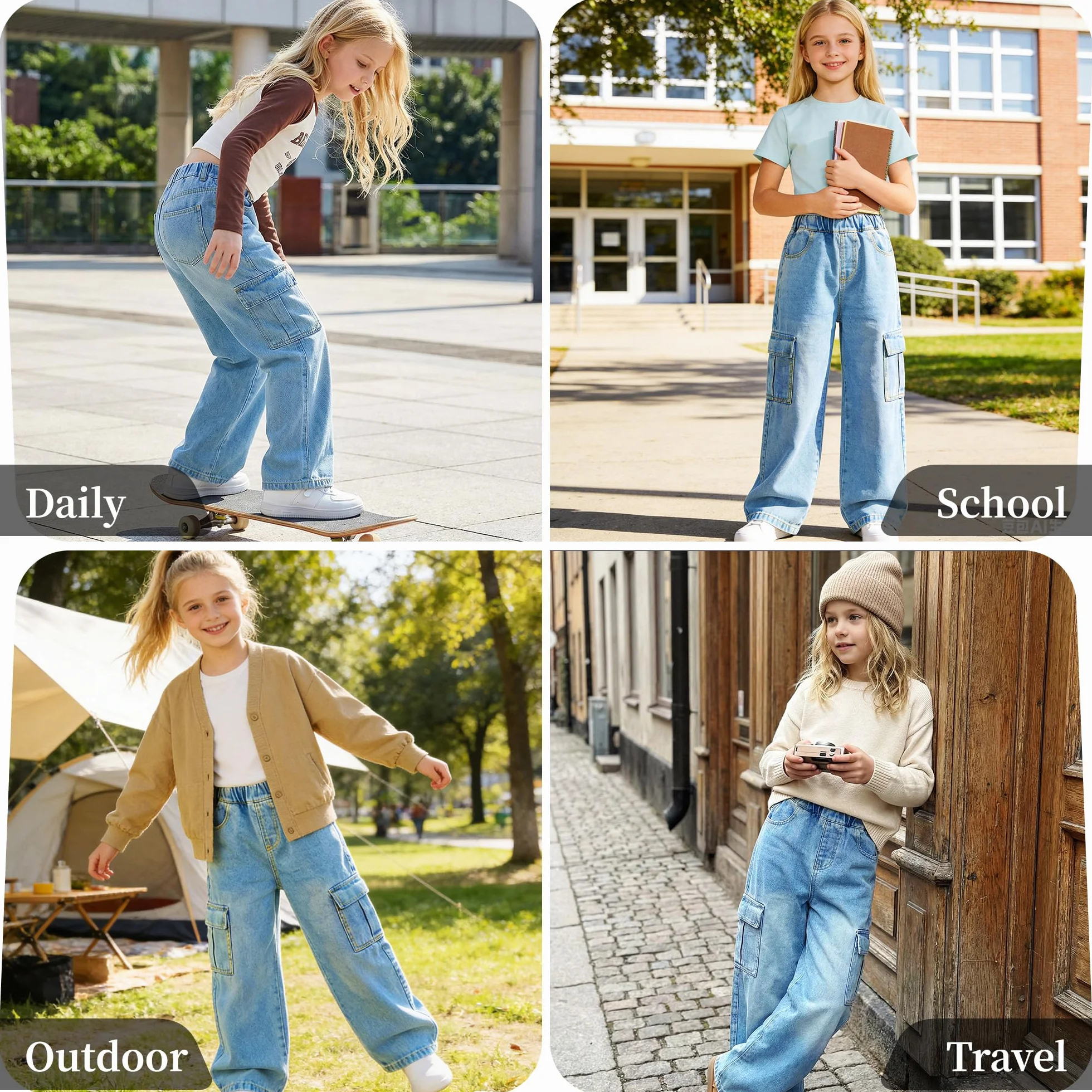 Vaqueros Cargo para Niña Baggy Cintura Elásticos Denim Jeans Pierna Anchos Pantalones Largo Stretch Múltiples Bolsillos Casual Moda 7-15 Años