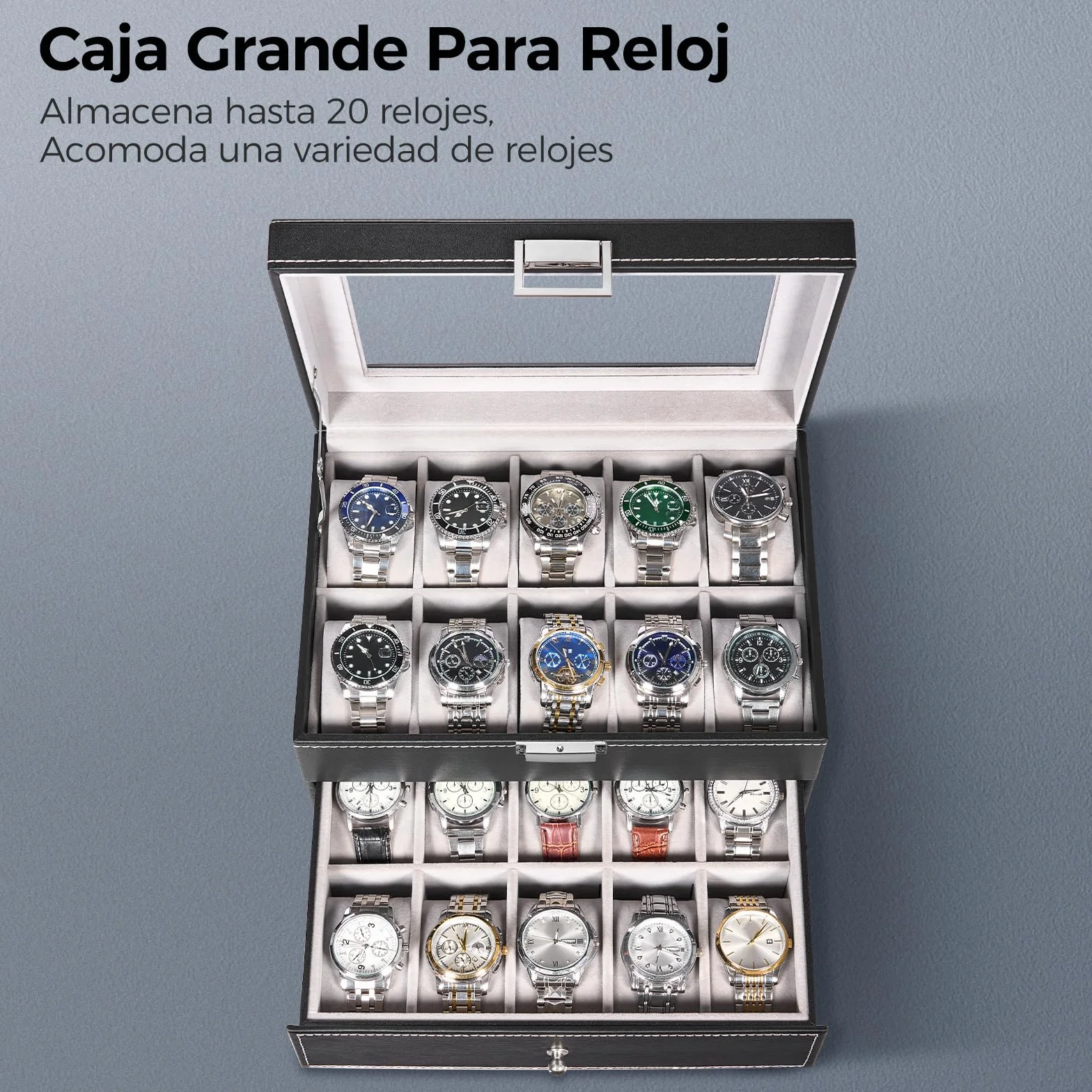 BEWISHOME Caja de Relojes 20 Compartimentos Estuche Tapa Cristal Negro ESSH04B