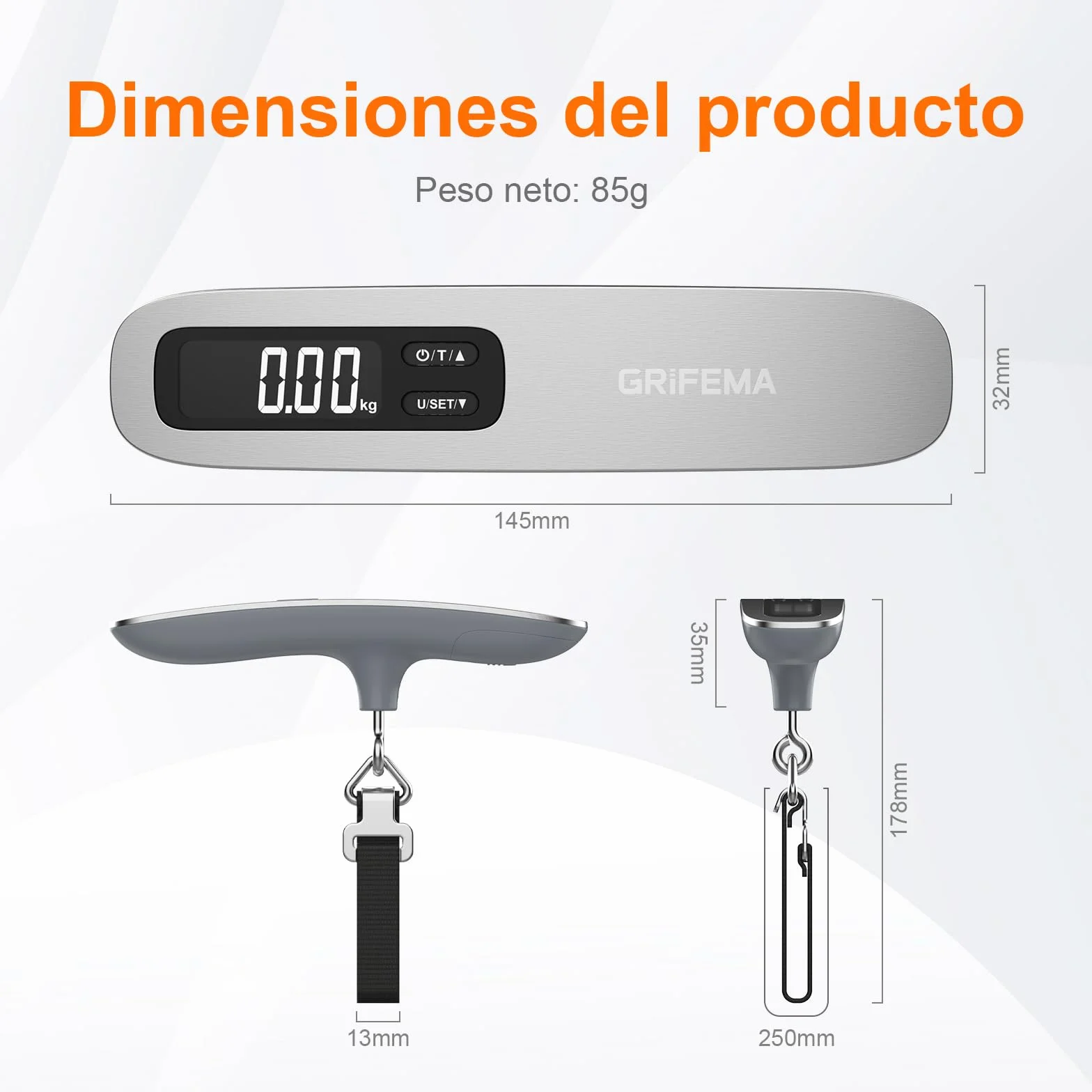 GRIFEMA GA2006 Báscula Maletas Viaje Portátil, Báscula de Equipaje con Pantalla LCD, 110 lb/50 kg, Plata
