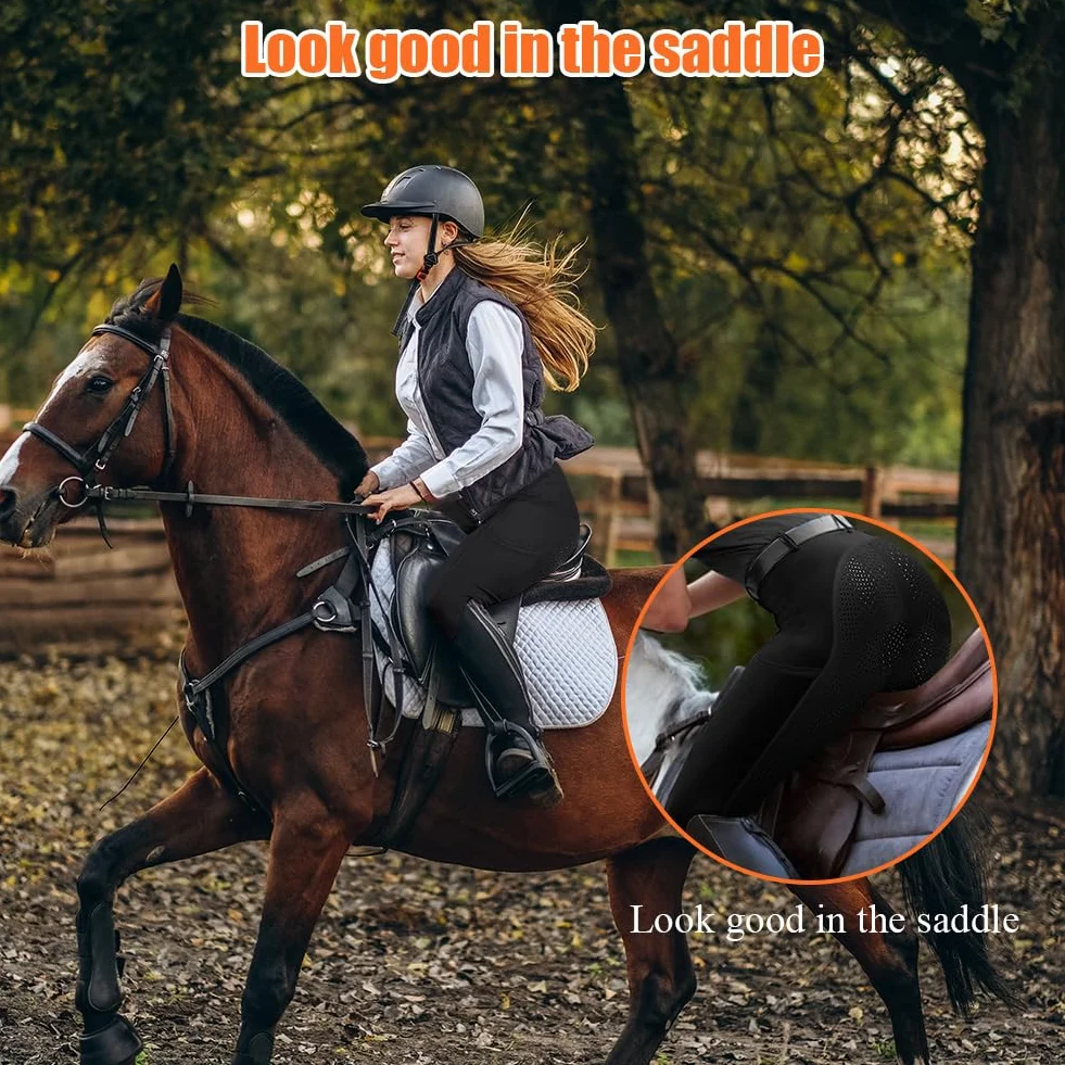 HOTUT Jodhpurs de silicona con agarre completo para mujer, leggings de equitación con bolsillos para teléfono