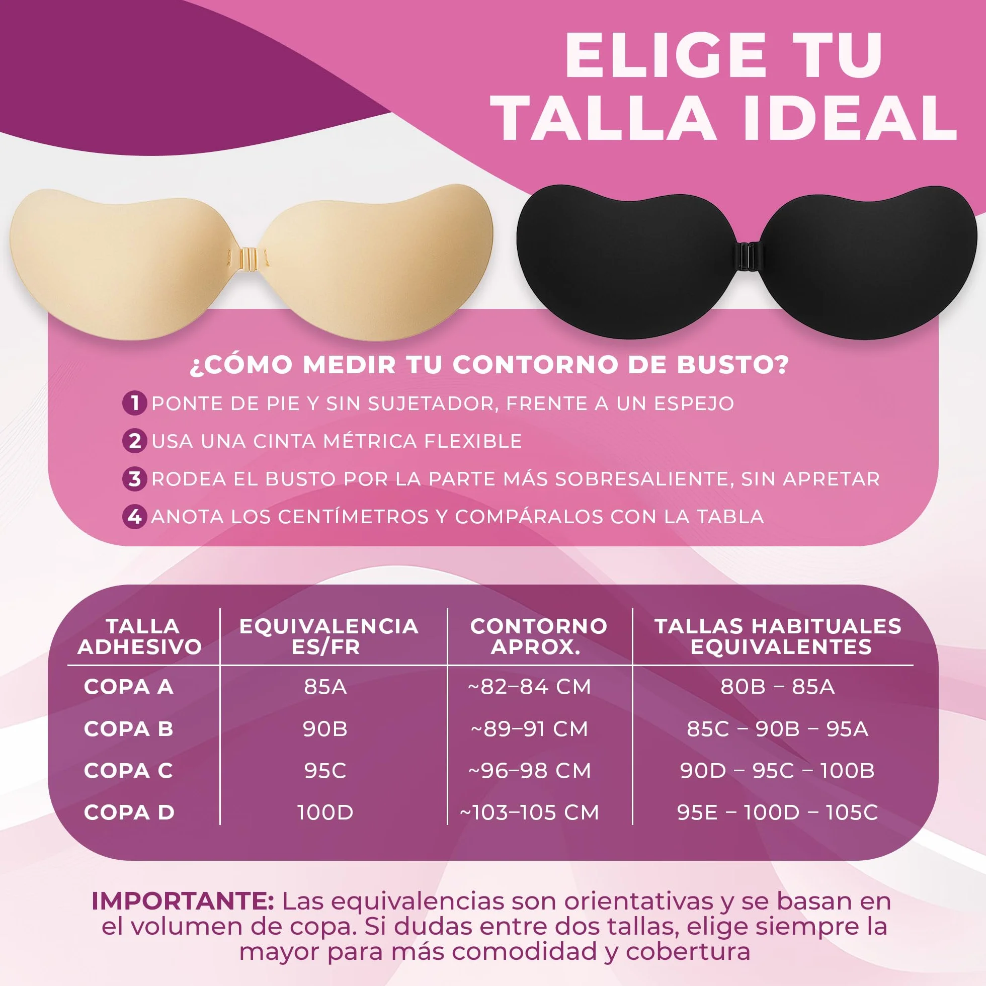 Sujetador Invisible Push Up Adhesivo Hipoalergénico Reutilizable Realce Natural Beige y Negro