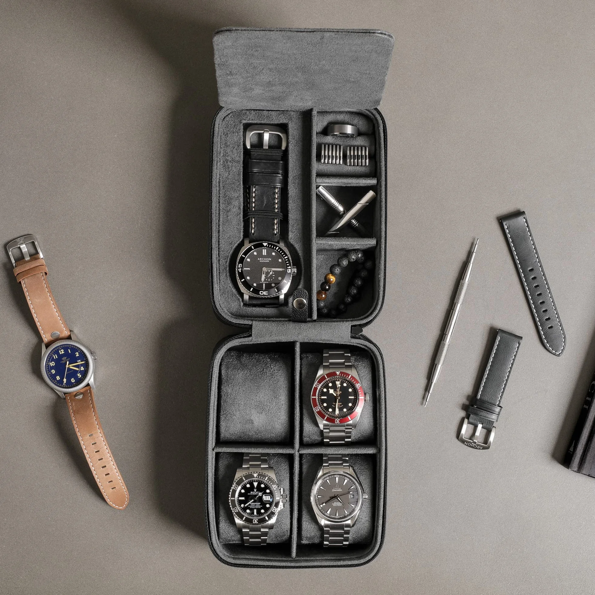 ROTHWELL Estuche organizador de viaje para 5 relojes, resistente, portátil, con cremallera, hasta 50 mm