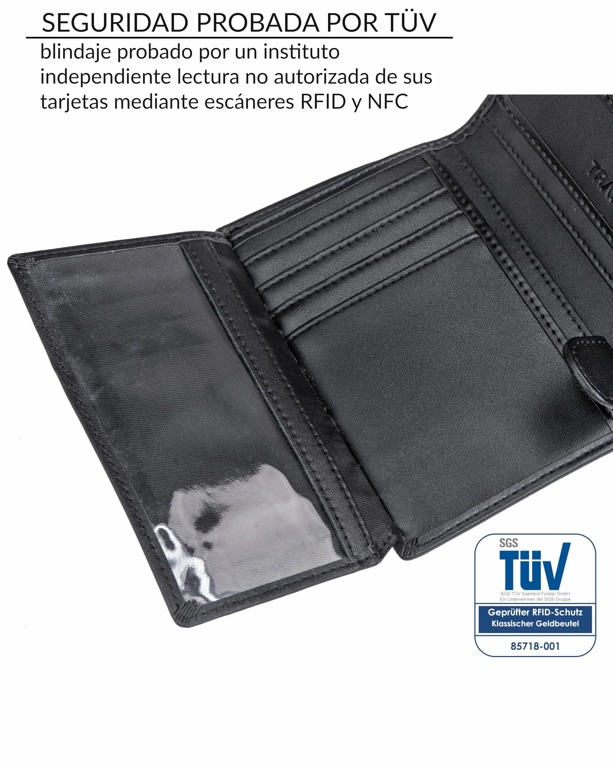 TRAVANDO Cartera Hombre Dublin con Bloqueador RFID Billetera Negra Tarjetero Monedero