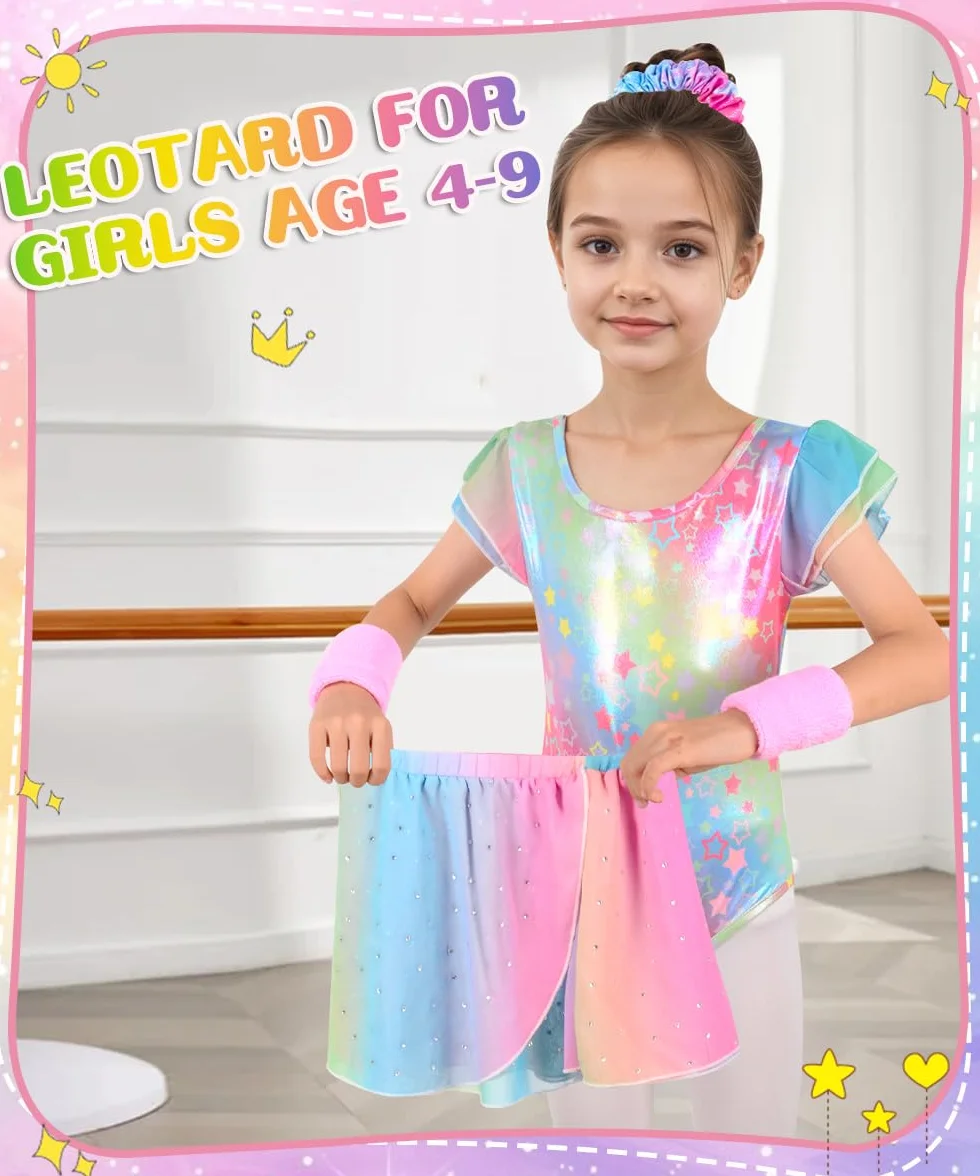 Maillot Gimnasia Rítmica Niña Conjunto 5 Piezas Sin Mangas Falda Cinta Cabello Muñequeras Ballet 4-9 Años