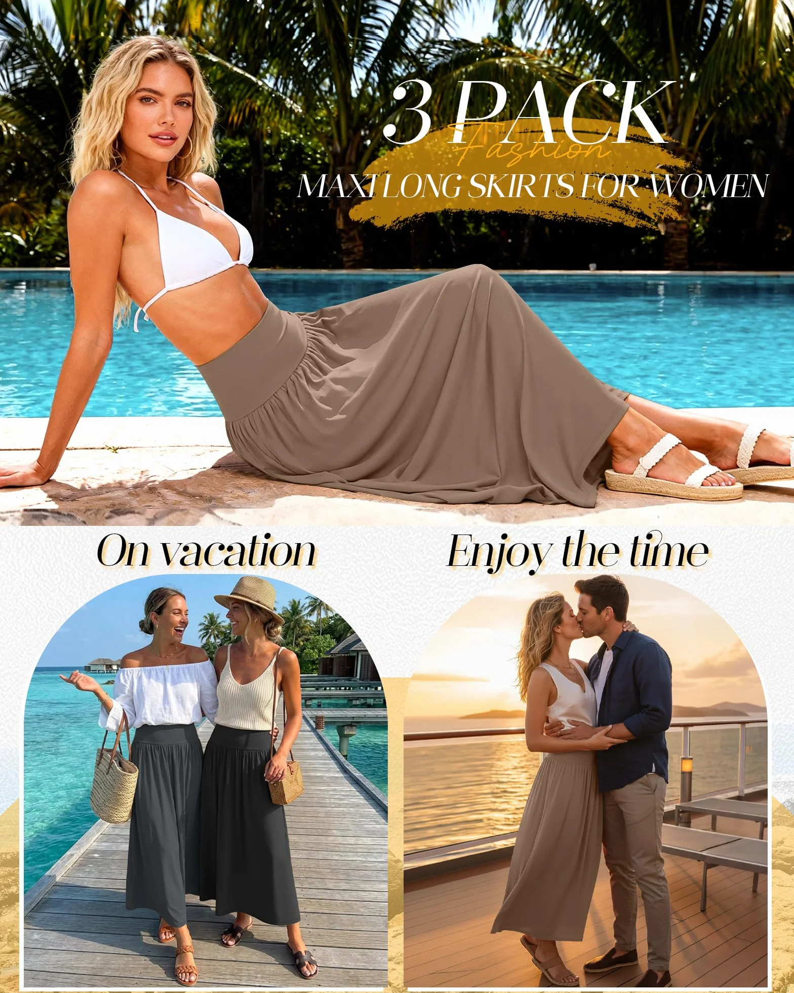 Ficerd Paquete de 3 Faldas Largas Maxi para Mujer, hasta el Tobillo, Cintura Alta, Verano, con Bolsillos